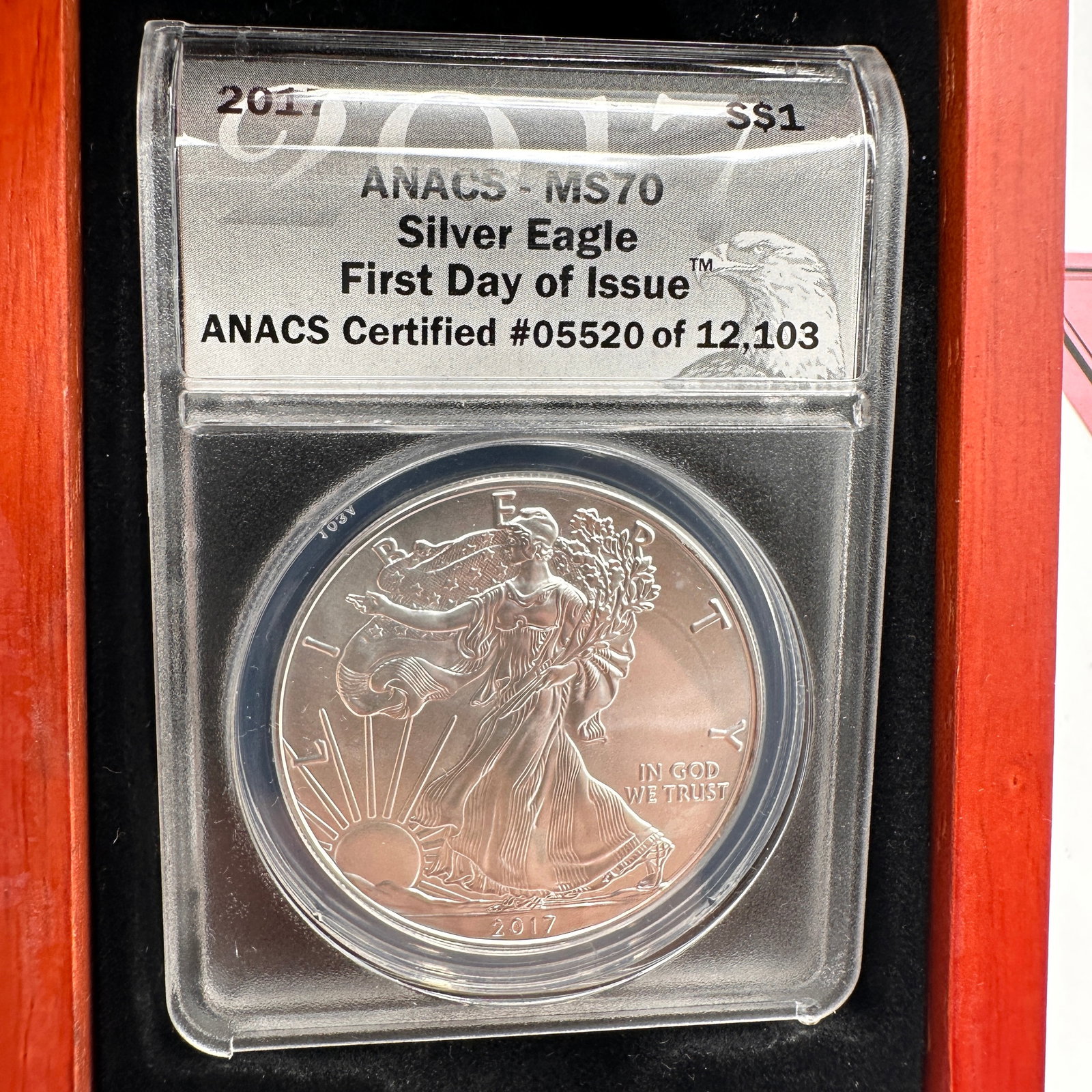 MS70 2017 First Day of Issue Silver Eagle Proof with COA: Featured in this lot is a 2017 American Silver Eagle, the official silver bullion coin of the United States. Struck from one troy ounce of .999 fine silver, this highly sought-after issue showcases Ad