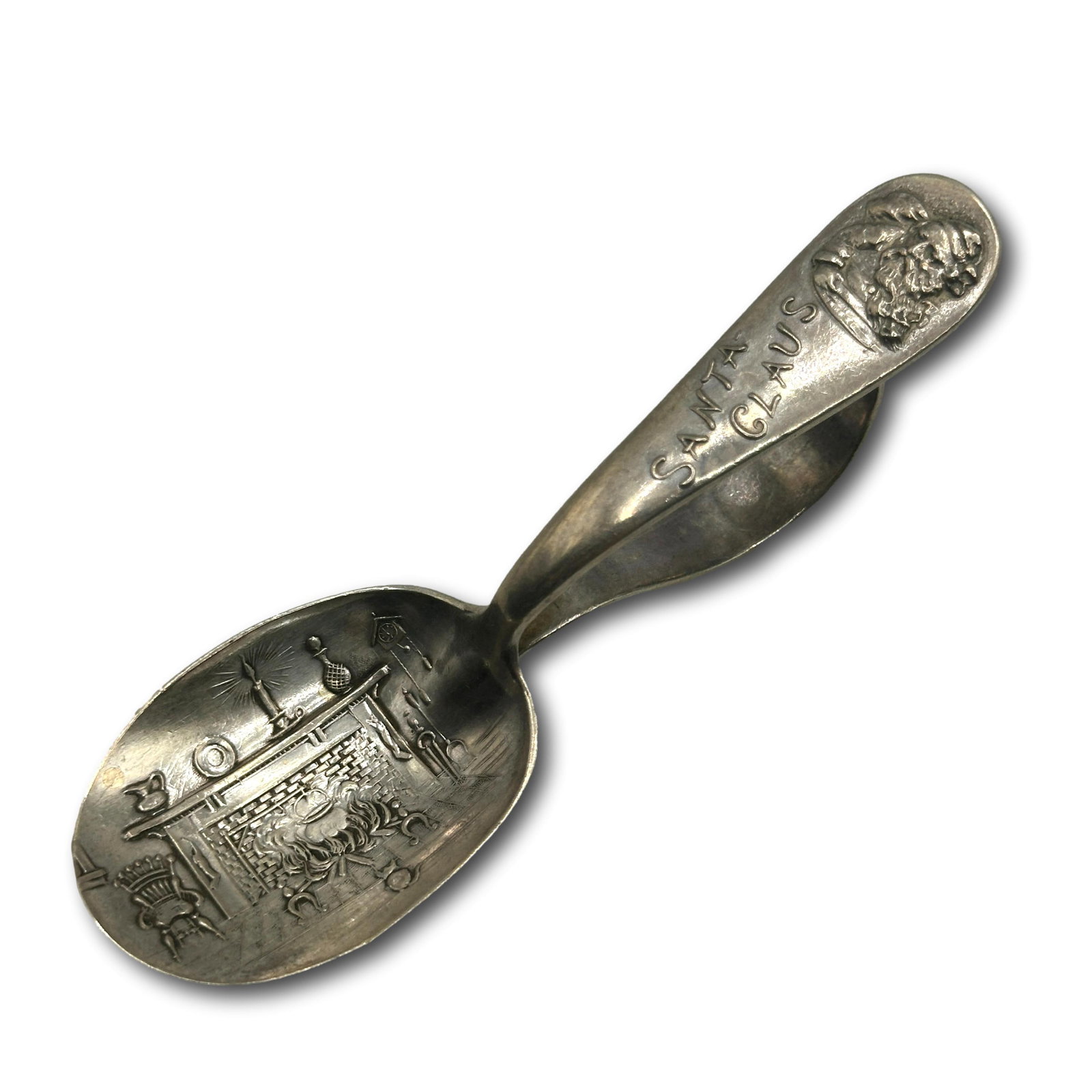 Antique Sterling Silver Santa Claus Christmas Child's Spoon: Measures 3 3/4" long. Weighs 23.2 grams. Item is being sold as found from an estate collection and may show signs of age, use, wear, imperfections, or surface variations consistent with age and handli