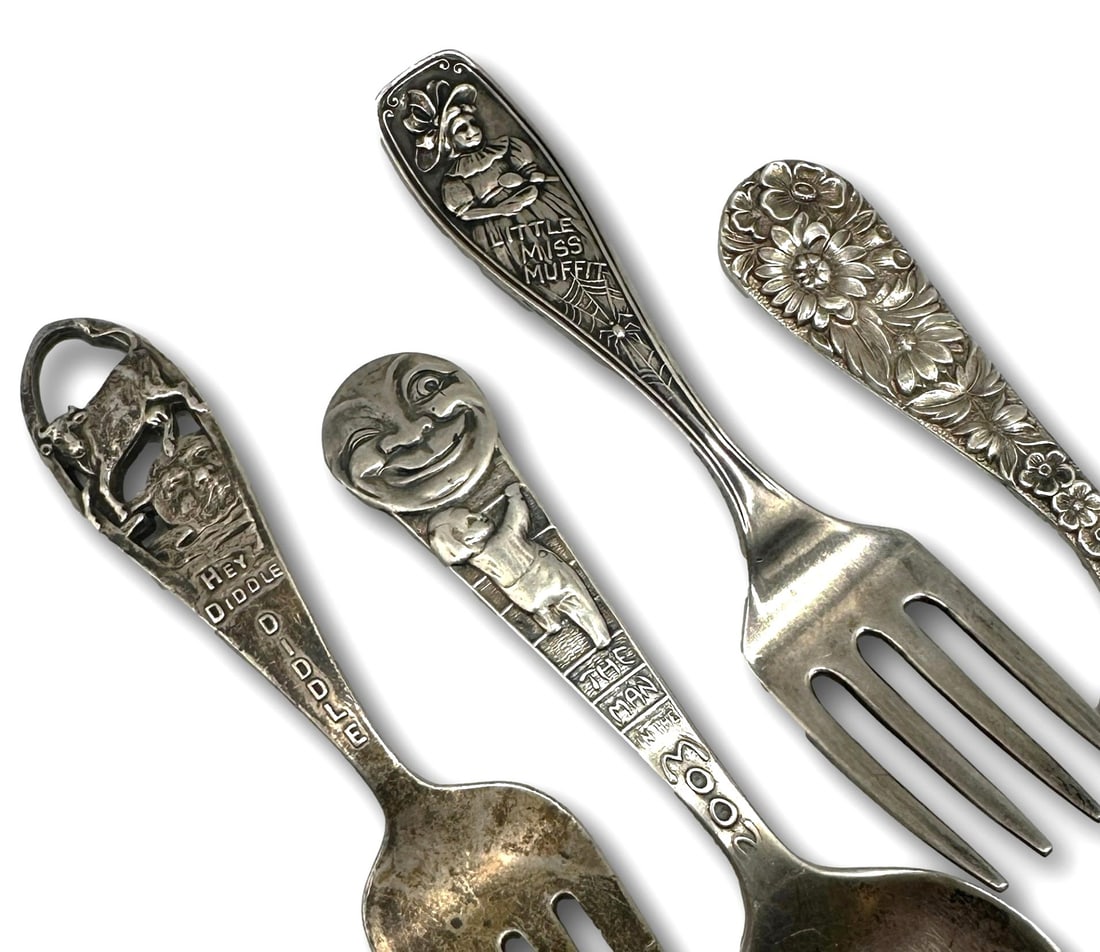 Set of Four Sterling Silver Children's Forks and Spoon - Nursery Rhymes & Kirk (1 of 12)