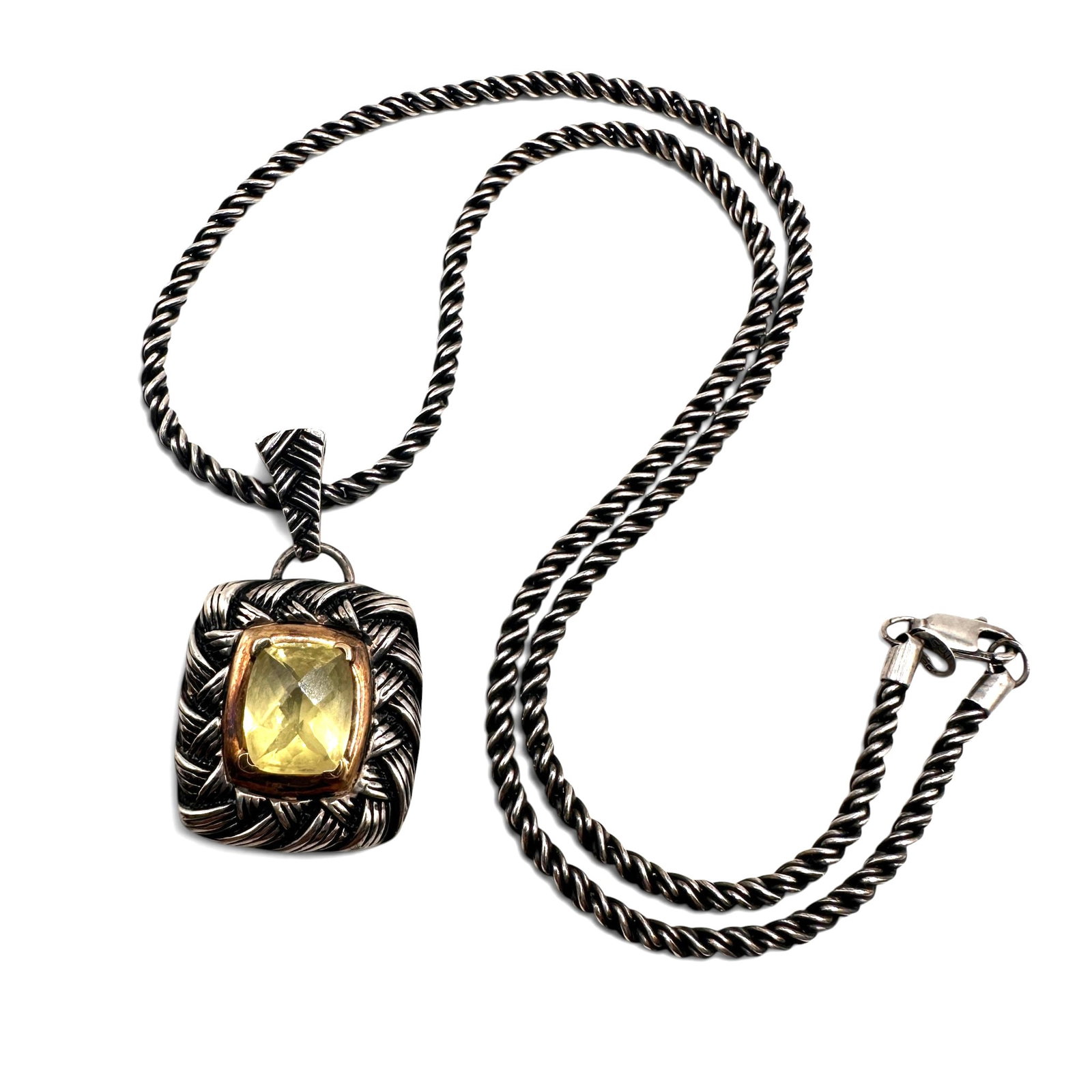 Andrea Candela CJI Sterling Silver with 14K Accents Limon Quarts Necklace: Chain measures 16 1/2" long. Please review photos for more details as they are a part of the description. Item is being sold as found from an estate collection and may show signs of age, use, wear, im