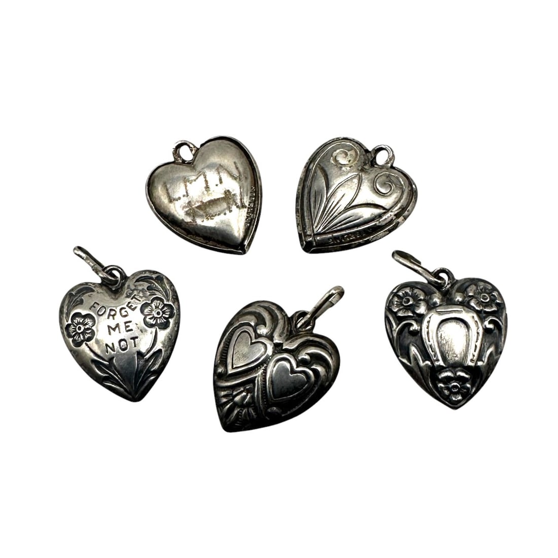 Lot of Forget-Me-Not and Other Antique Puffy Heart Sterling Silver Charms (1 of 5)