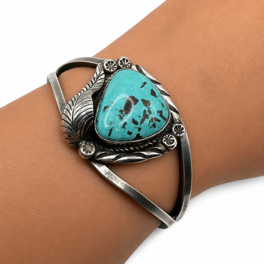 Vintage 1948(?) Navajo Turquoise and Sterling Cuff Bracelet: Please review photos for more details as they are a part of the description. Item is being sold as found from an estate collection and may show signs of age, use, wear, imperfections, or surface varia