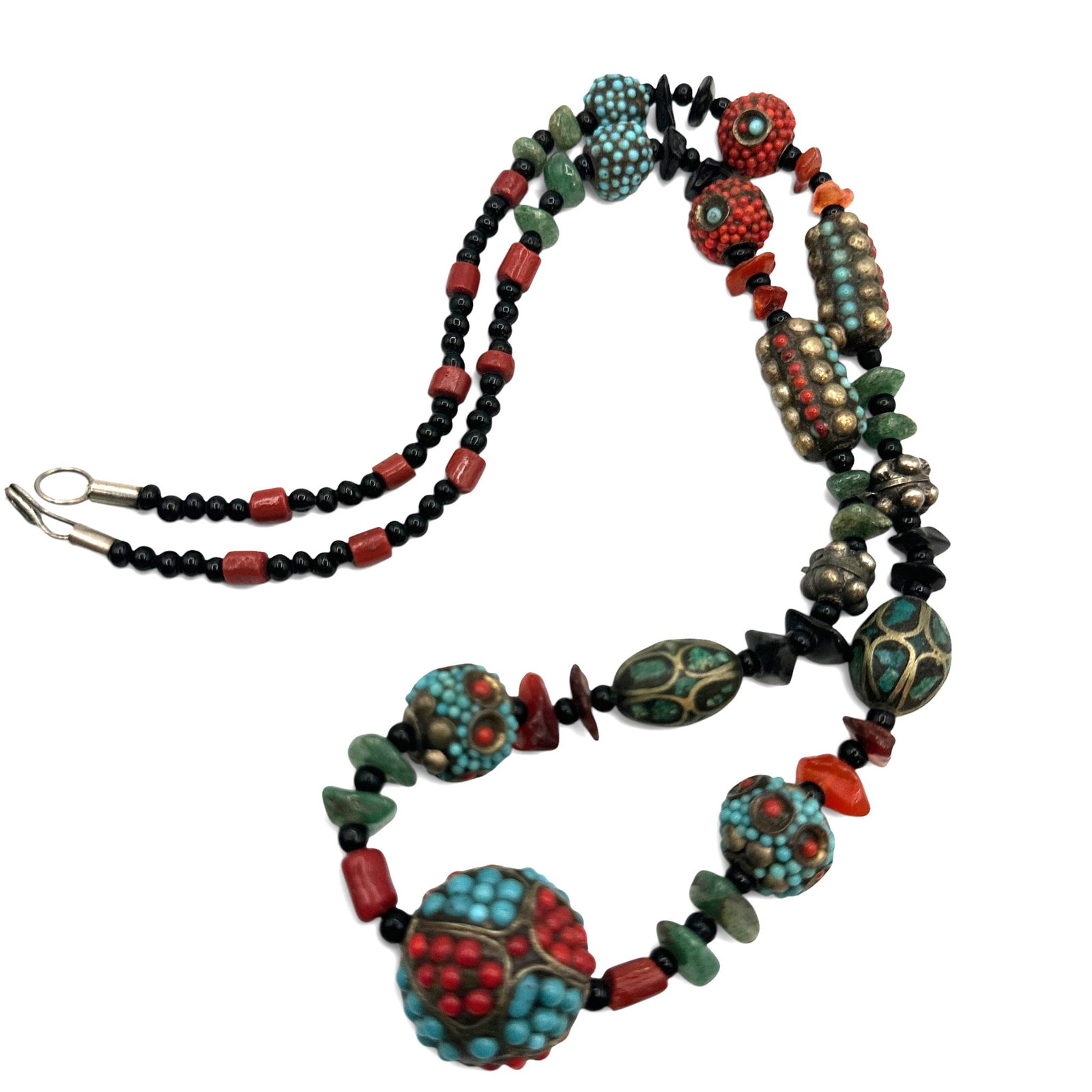 Vintage Tibetan-Style Turquoise & Coral Beaded Necklace: Measures 28" long from end to end. Please review photos for more details as they are a part of the description. Item is being sold as found from an estate collection and may show signs of age, use, we