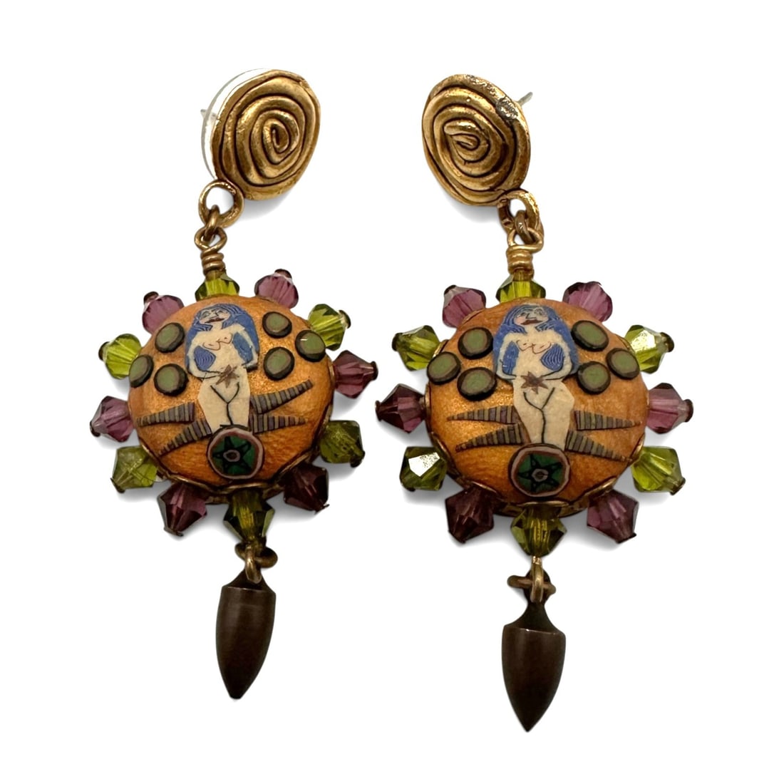 Artisan Figural Mixed Media Dangle Earrings: These distinctive earrings have an artistic, handcrafted aesthetic with an eclectic combination of figural imagery, dimensional embellishments, and rich color. A unique pair of wearable art jewelry wi