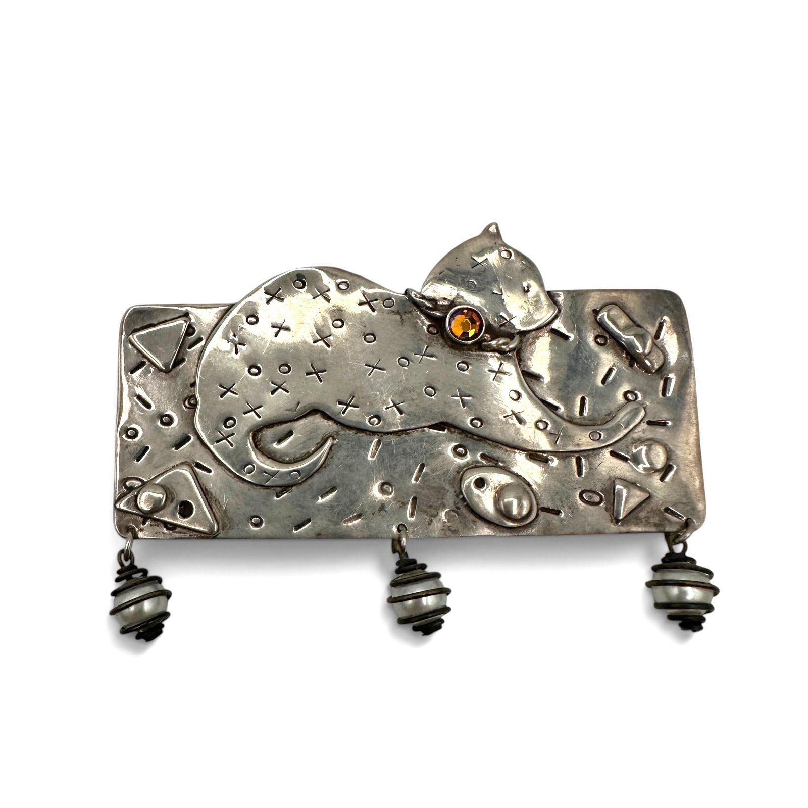 Deborah Roberts Sterling Silver "The Cat" Hand Made Brooch: Over one ounce of sterling silver in this lovely artisan-made brooch for the cat lover. Measures 3 1/2" long by 1 7/8" high. Please review photos for more details as they are a part of the description