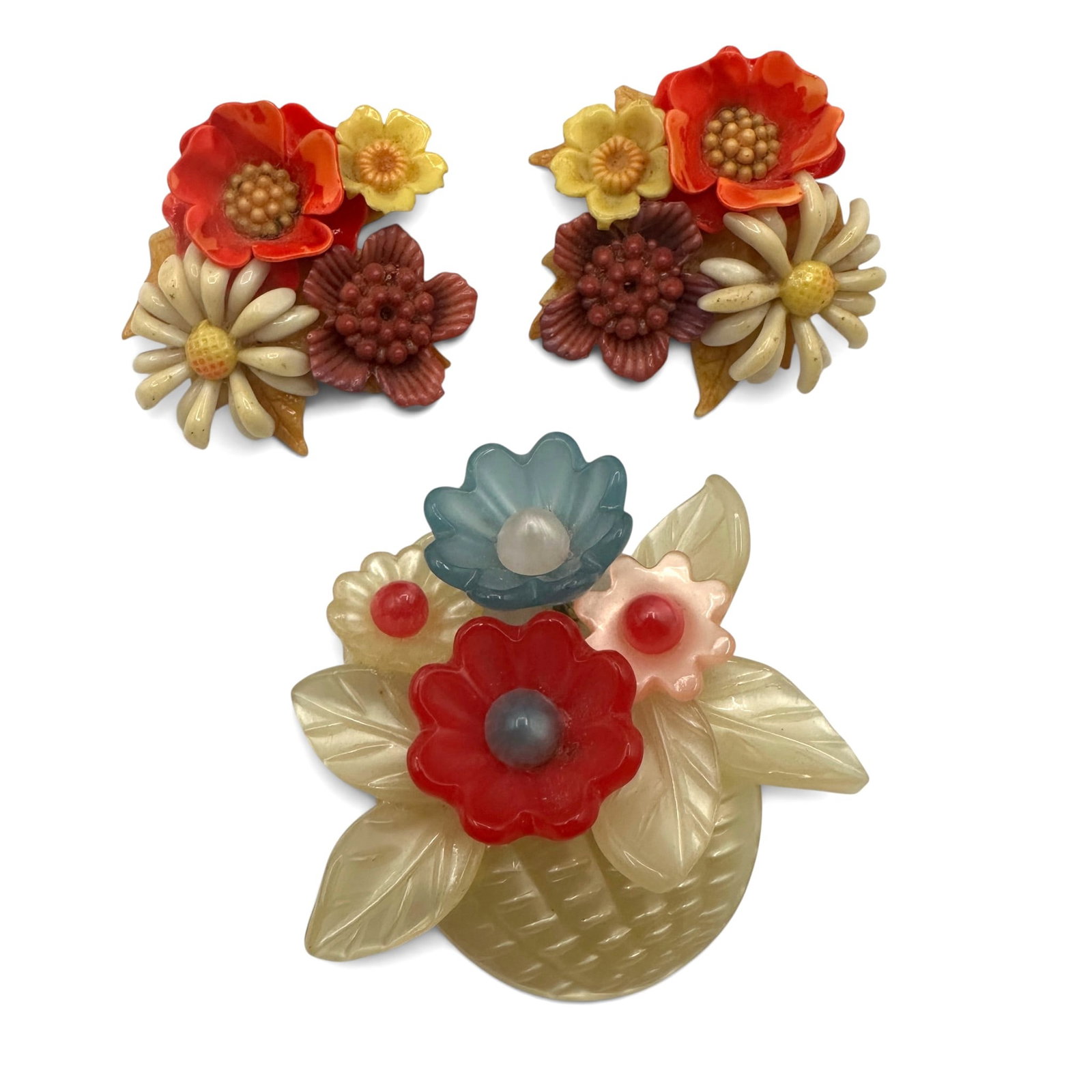 Mid Century Celluloid Flower Basket Brooch and Clip Earrings: Please review photos for more details as they are a part of the description. Item is being sold as found from an estate collection and may show signs of age, use, wear, imperfections, or surface varia