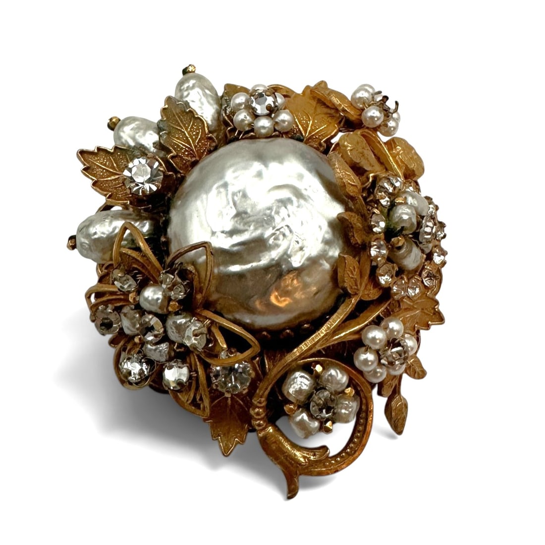 Large Stunning Original by Robert Vintage Pendant Brooch: Ornate gold-tone filigree metalwork with leaves and vines adorned with faux baroque pearls, small crystals, and rhinestones. Please review photos for more details as they are a part of the description