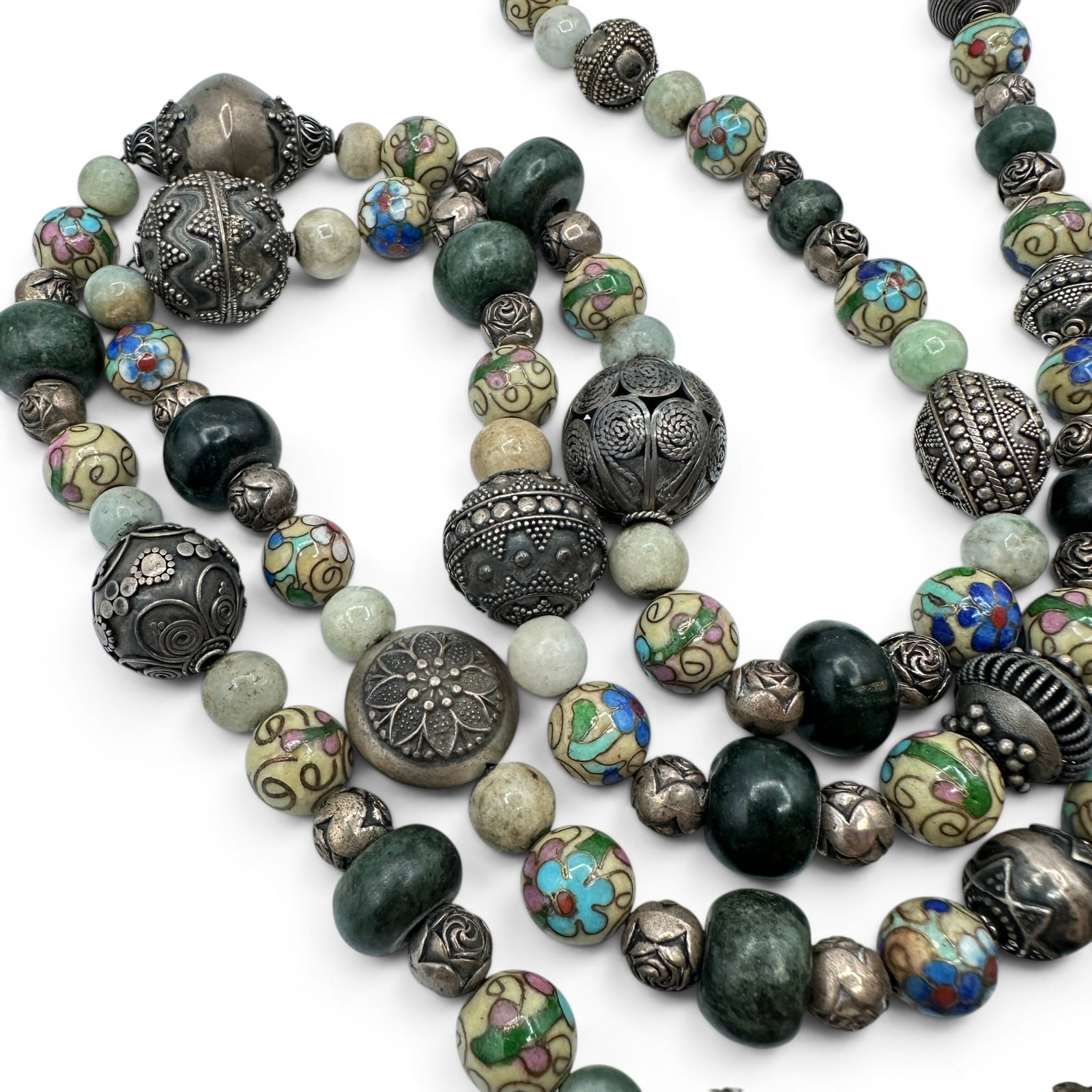 Vintage Bohemian Necklace with Cloisonne, Jade, and Silver Beads: Measures 34" from end to end. Please review photos for more details as they are a part of the description. Item is being sold as found from an estate collection and may show signs of age, use, wear, i