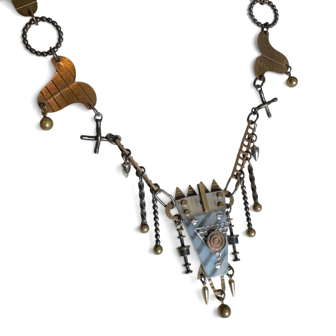 Thomas Mann Vintage Handwrought Techno-Romantic Steampunk Necklace: A great example of Thomas Mann's artistry in brass, bronze, and sterling silver. Measures 18" from end to end. Pendant measures approximately 2 1/2" in length. Hand signed by artist. Please review pho