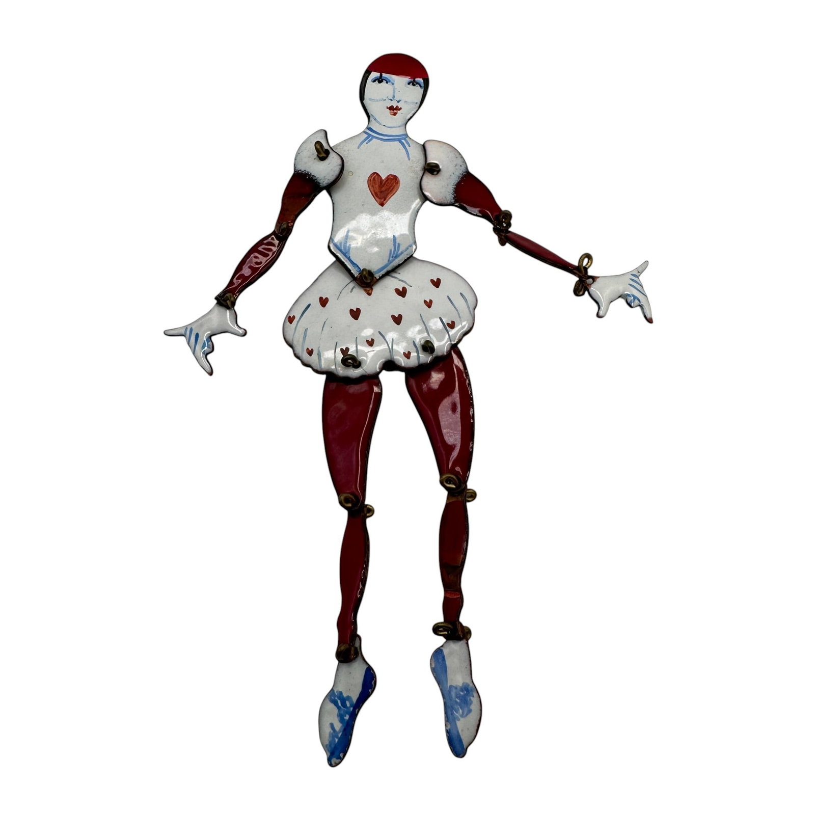 1976 DAR Copper and Enamel Pierrot Queen of Hearts Articulated Movement Brooch: Measures 4 1/4" tall. Please review photos for more details as they are a part of the description. Item is being sold as found from an estate collection and may show signs of age, use, wear, imperfect
