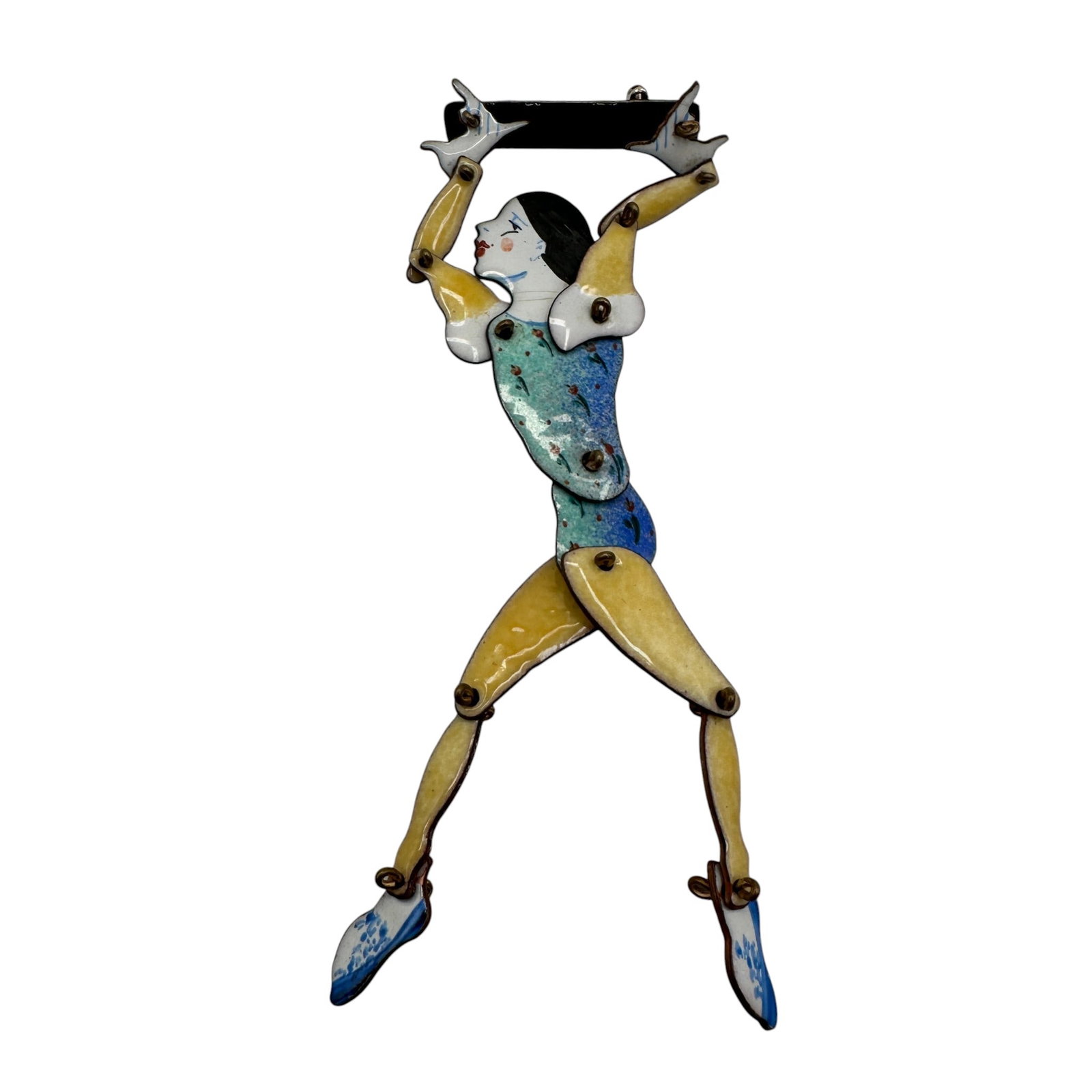 Vintage DAR Copper and Enamel Articulated Acrobat Pin Brooch: Measures 4" tall. Please review photos for more details as they are a part of the description. Item is being sold as found from an estate collection and may show signs of age, use, wear, imperfections