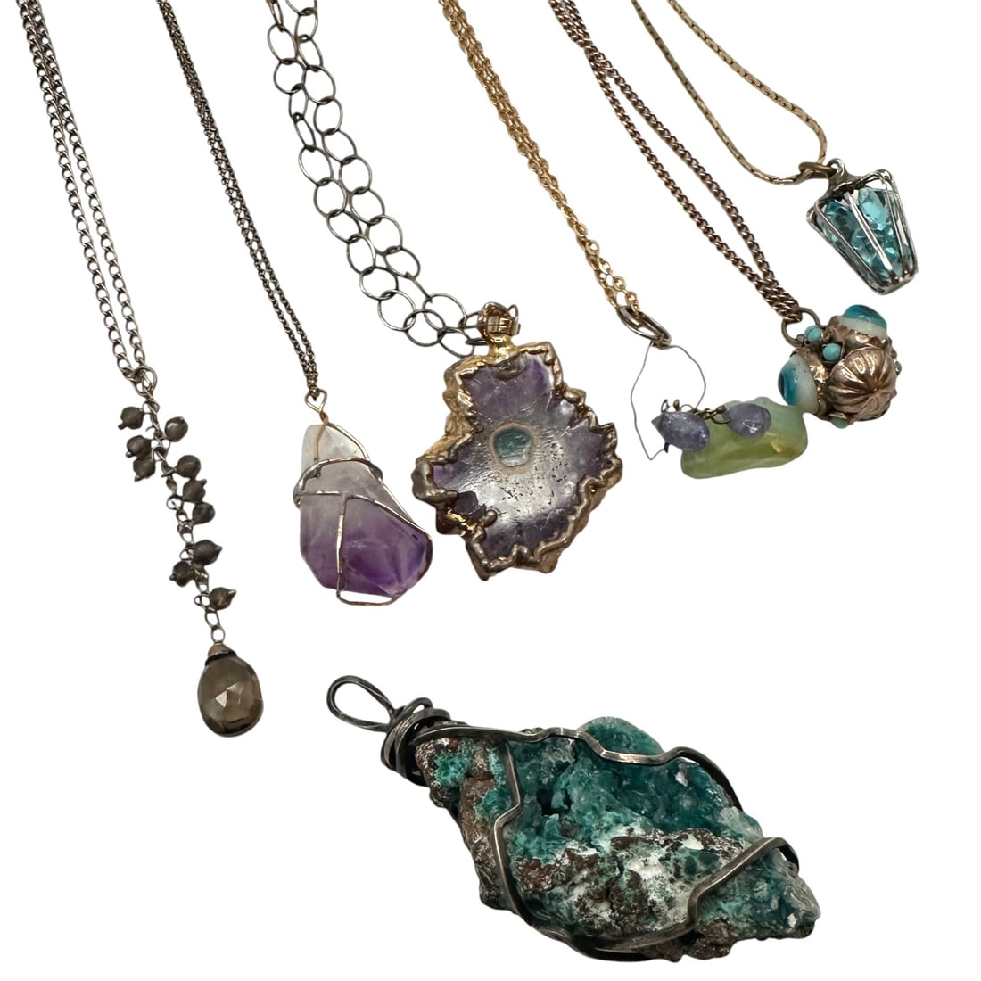 Collection of Costume Jewelry Necklaces with Natural Stones: Chains measure 18-22" in length. Please review photos for more details as they are a part of the description. Item is being sold as found from an estate collection and may show signs of age, use,