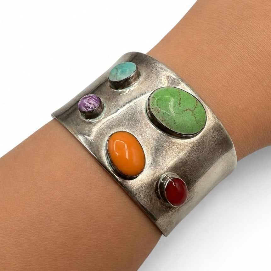 Statement Sterling Silver Cuff Bracelet with Colorful Precious Stone Cabochons (1 of 8)