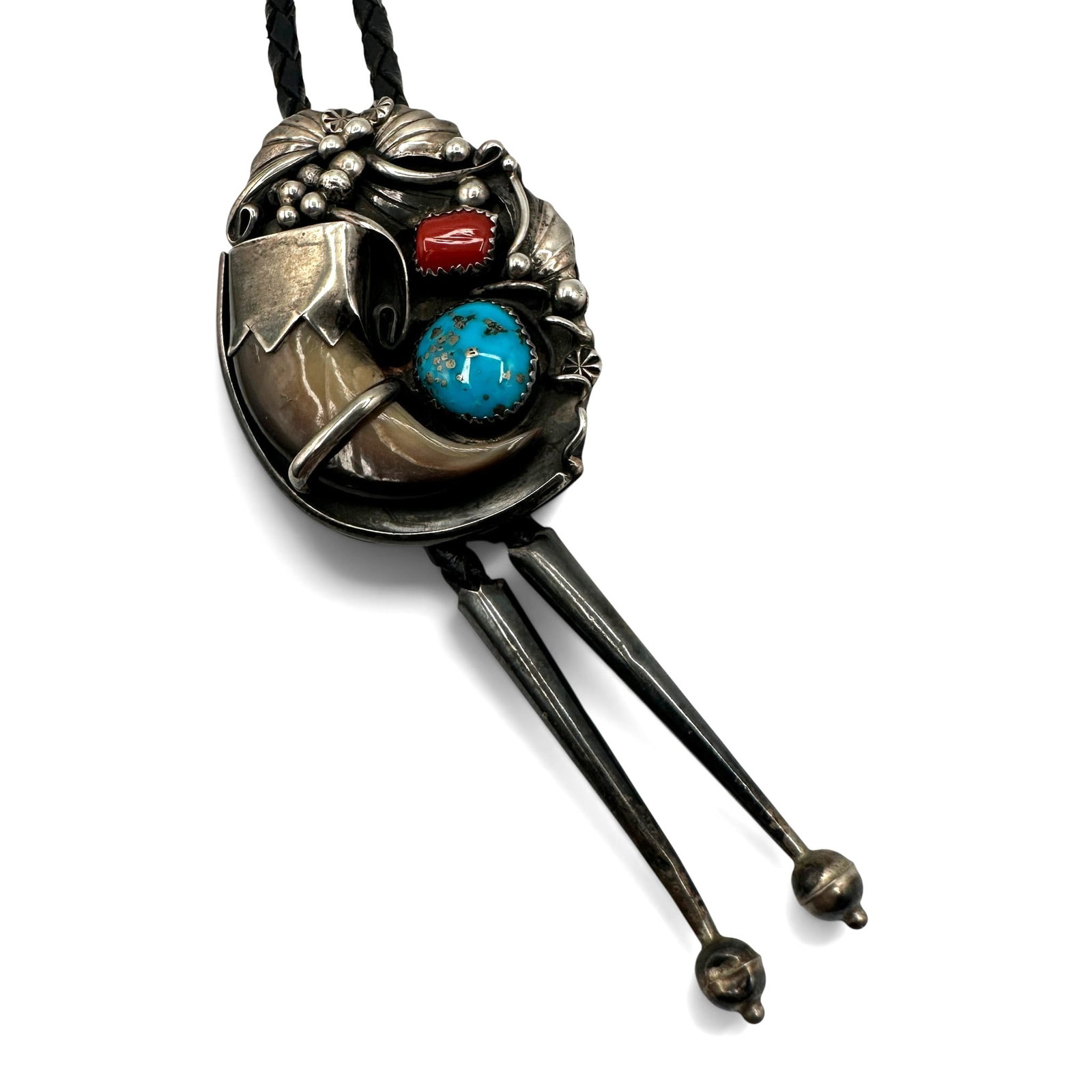 Navajo Bear Claw Sterling Silver Turquoise and Coral Bolo Tie signed Martin (1 of 6)