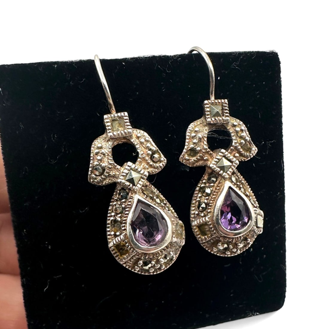 Pair of Vintage Sterling Silver, Marcasite, and Amethyst Earrings (1 of 5)