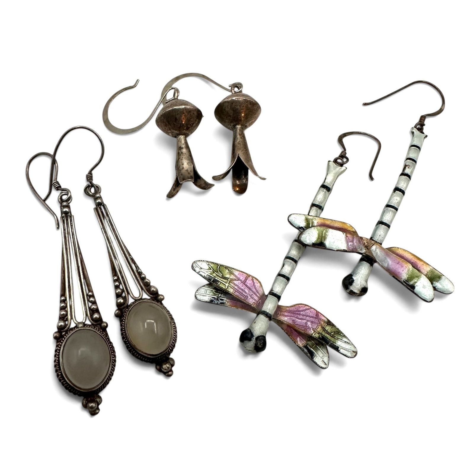 Navajo Squash Blossom Earrings including Enamel Dragonfly Earrings: Please review photos for more details as they are a part of the description. Item is being sold as found from an estate collection and may show signs of age, use, wear, imperfections, or surface