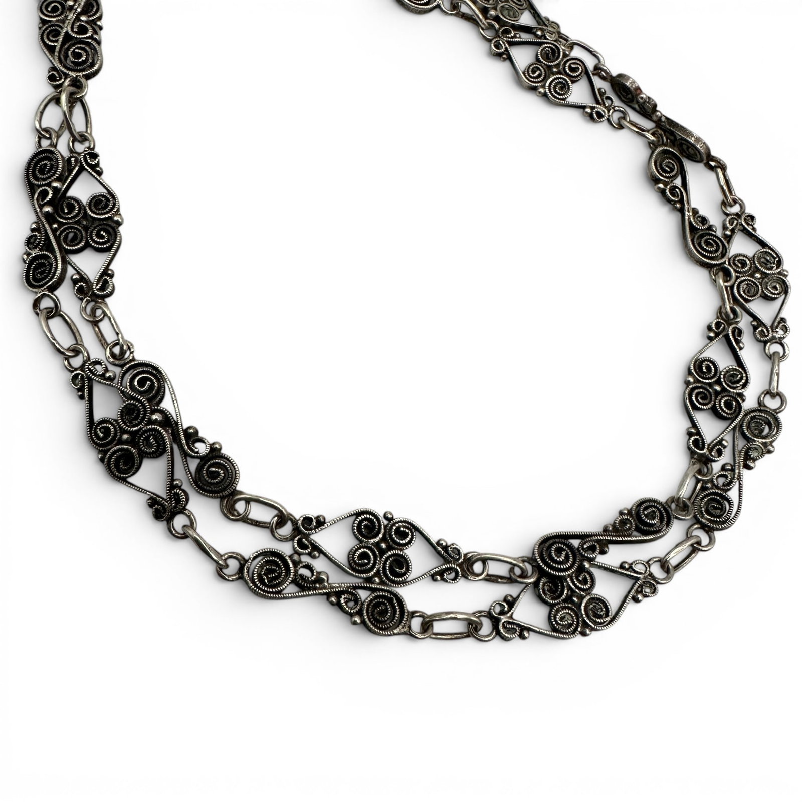 Antique Sterling Silver Filigree Watch Fob Chain or Necklace: Test positive for sterling silver purity. Measures 18" from end to end. Please review photos for more details as they are a part of the description. Item is being sold as found from an estate collecti