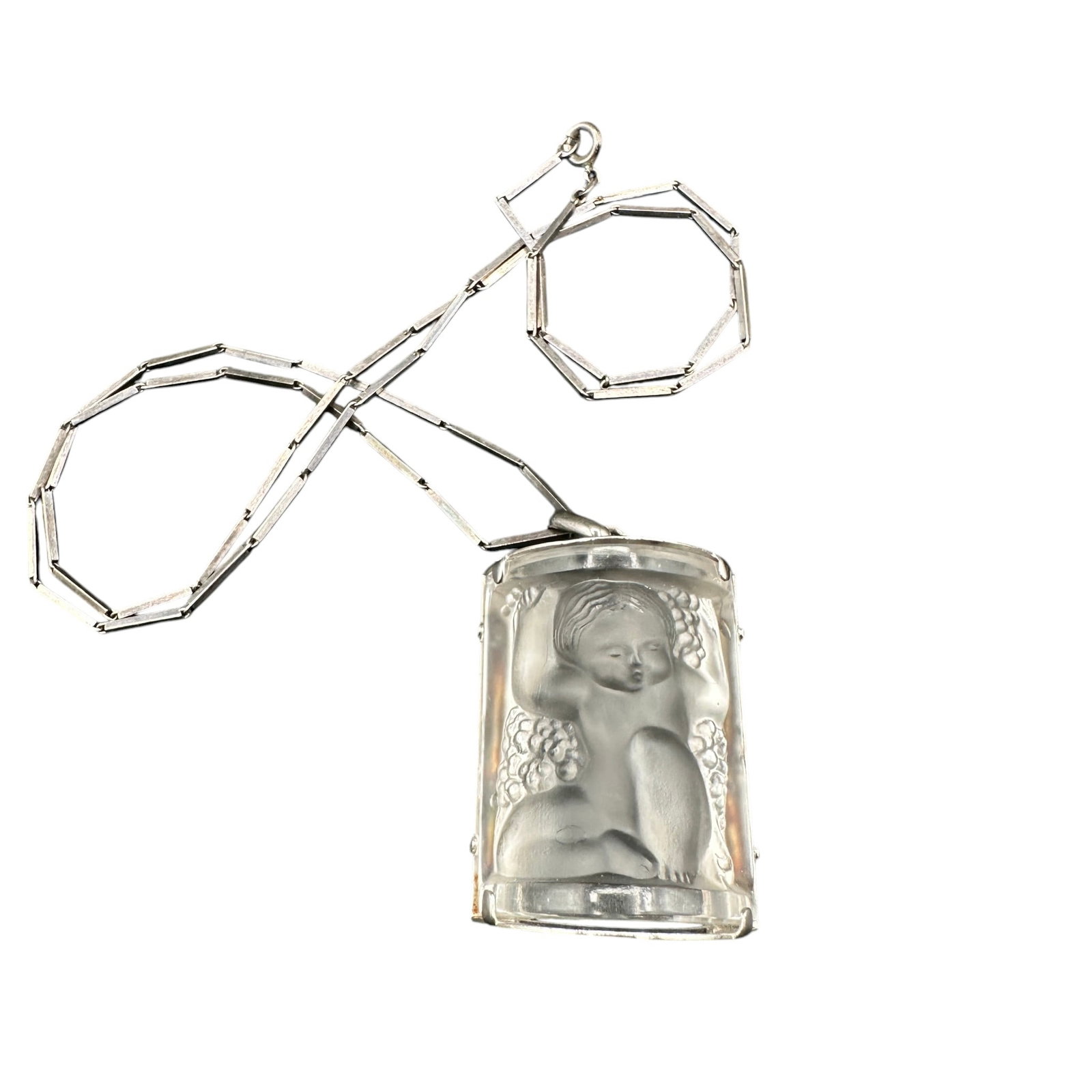Lalique France "Enfants" Crystal Panel Necklace on a Sterling Chain: Pendant measures 1 1/2" tall by 1" wide. Chain measures 22" long from end to end. Please review photos for more details as they are a part of the description. Item is being sold as found from an