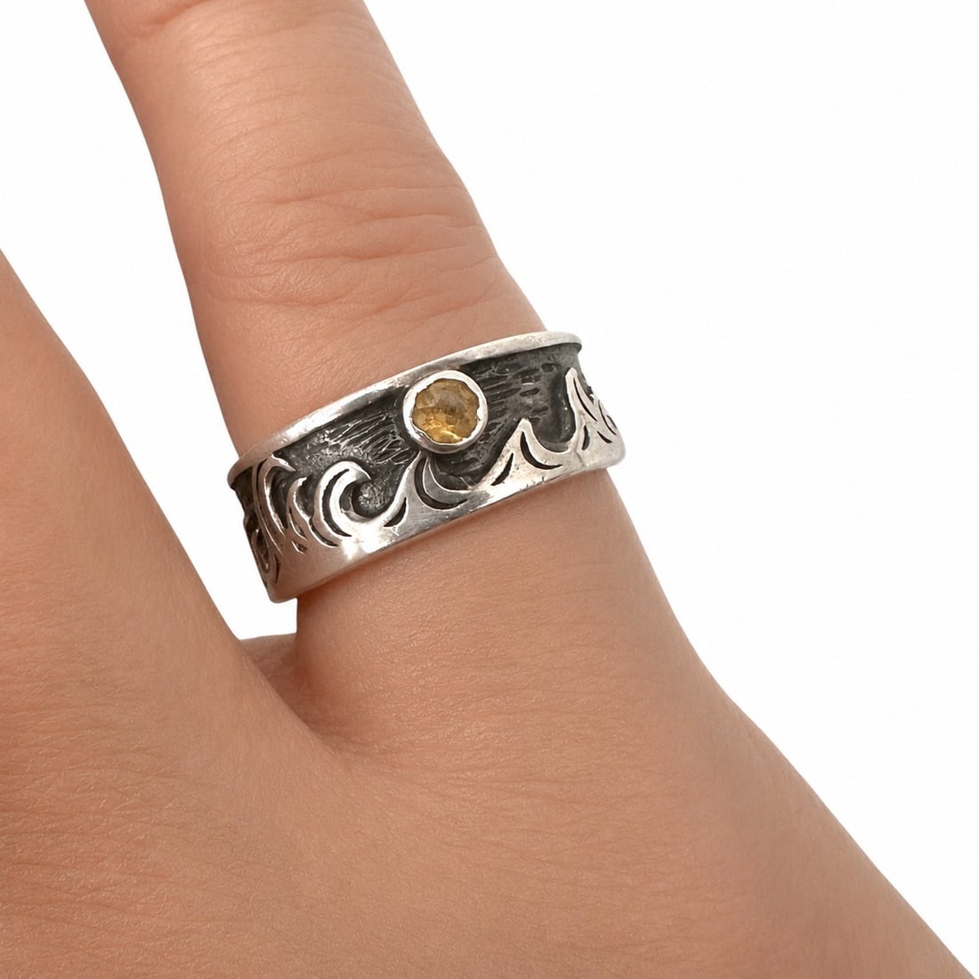 Vintage Boma Citrine Moon and Waves Sterling Silver Band Ring: Ring size 7 3/4. Please review photos for more details as they are a part of the description. Item is being sold as found from an estate collection and may show signs of age, use, wear, imperfections,