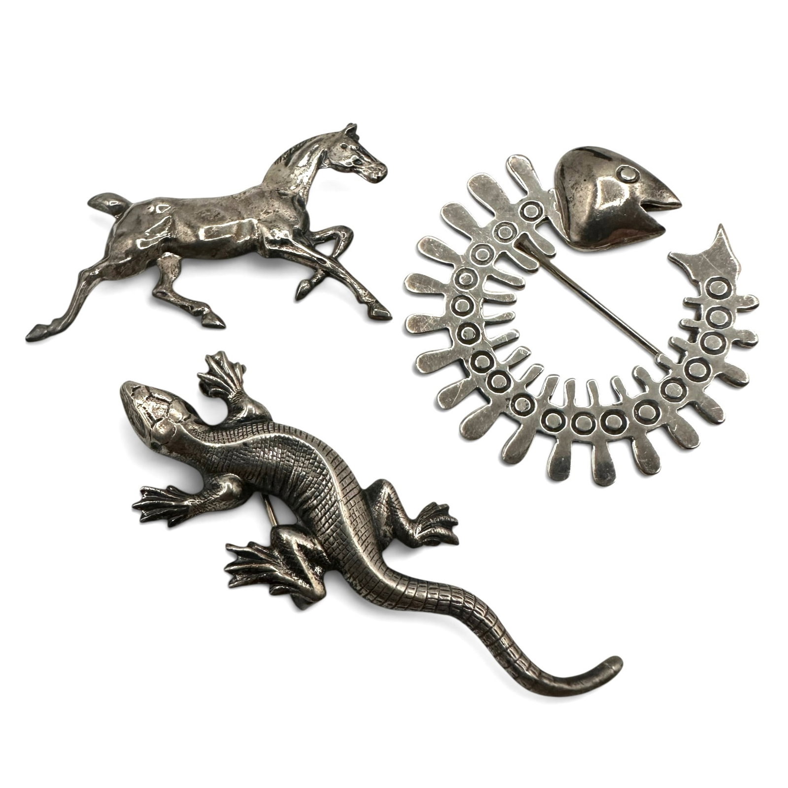 Lot of Unusual Sterling Silver Pins - Lizard, Horse, Fish (1 of 9)