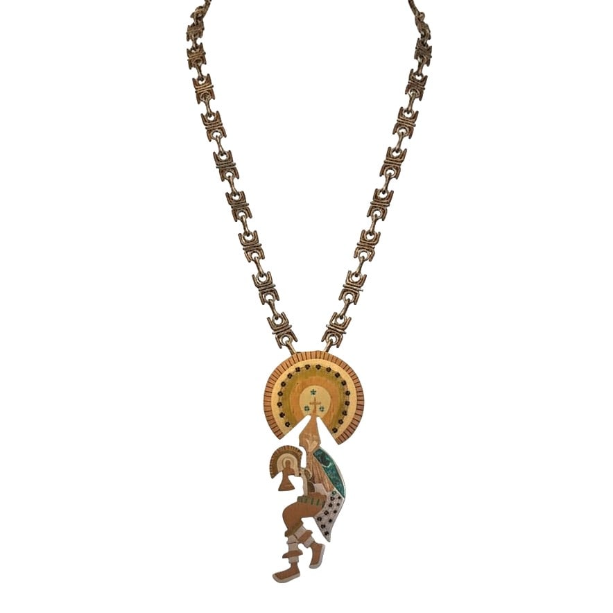 Metales Casados Vintage Mexican Mixed Metals Warrior Pendant on Ornate Chain: Pendant measures 4" tall. Chain measures 22" in length from end to end. Crafted of copper, brass, and silver. Please review photos for more details as they are a part of the description. Item is being