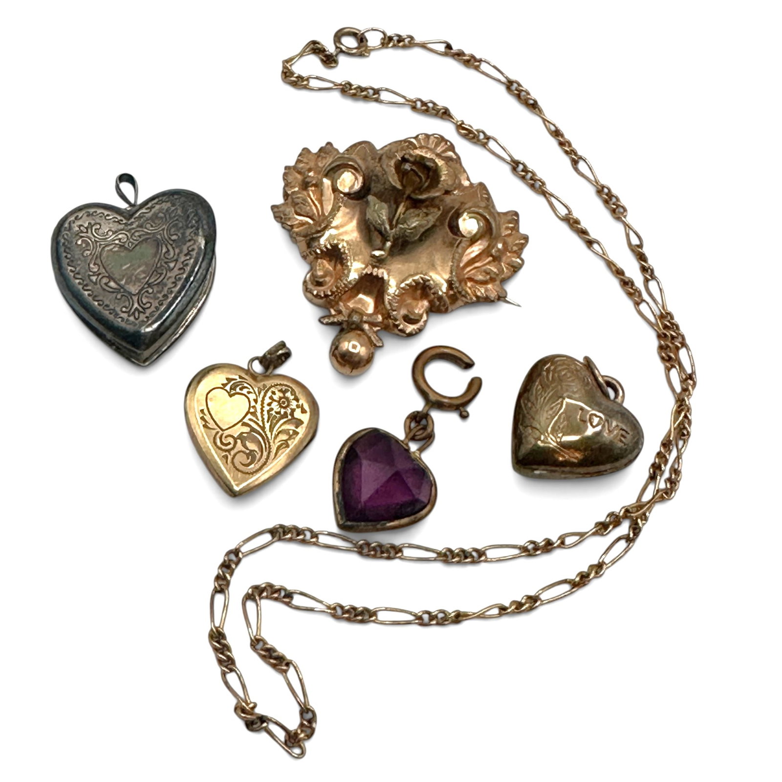 Splendid Assortment of Victorian Hearts and Gold Filled Shield Brooch and Chain (1 of 12)