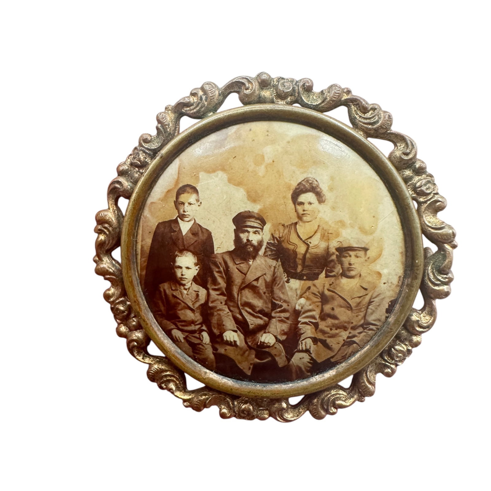 An Antique Brass Framed Family Portrait Brooch: Please review photos for more details as they are a part of the description. Item is being sold as found from an estate collection and may show signs of age, use, wear, imperfections, or surface