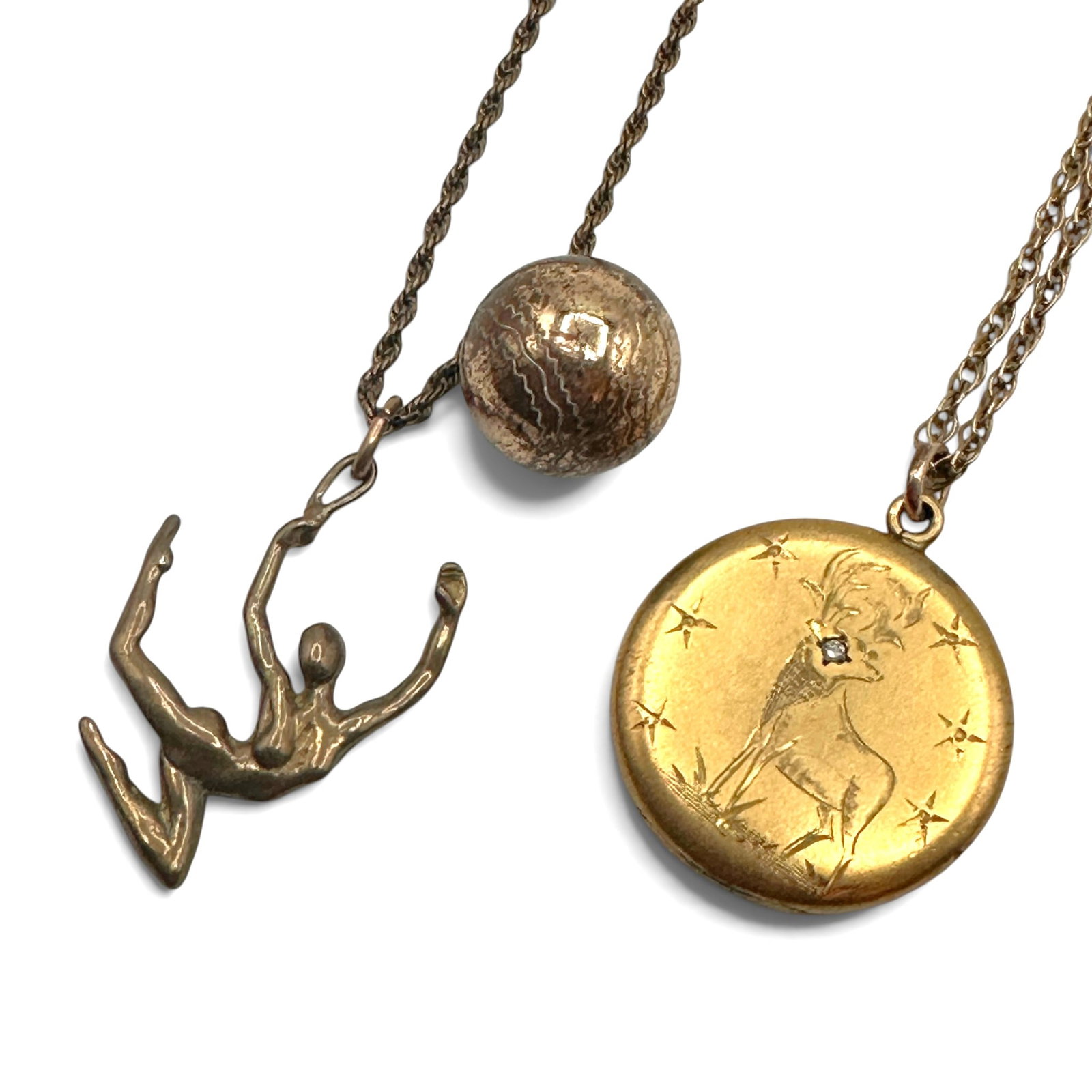 Pair of Antique Gold Filled Necklaces with Locket and Charms: Both measure approximately 20" in length from end to end. Please review photos for more details as they are a part of the description. Item is being sold as found from an estate collection and may sho