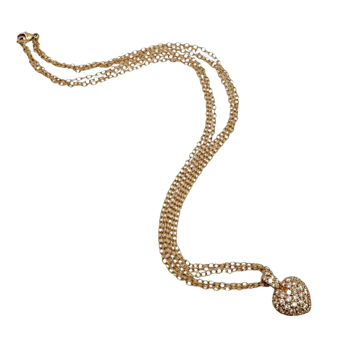 14K Gold Diamond Encrusted Heart on Triple Strand Chain: All 14K gold with genuine diamonds. Total weight is 7 grams. Chain length is 16" from end to end. Please review photos for more details as they are a part of the description. Item is being sold as fou