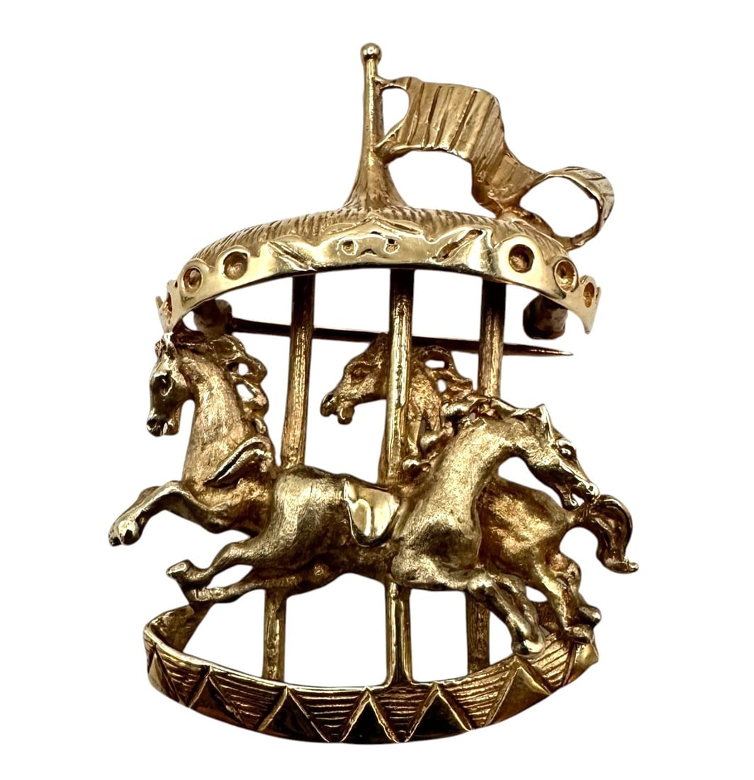 Solid 14K Gold Carousel Hobby Horse Pin Brooch: Whimsical brooch weighs 23.2 grams. Please review photos for more details as they are a part of the description. Item is being sold as found from an estate collection and may show signs of age, use,