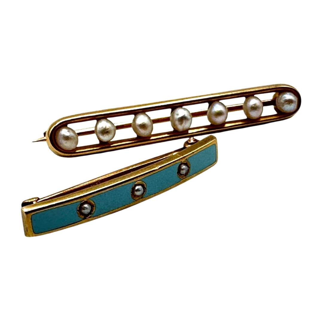 Pair of Antique 14K Gold Bar Pins including Enamel: Charming set of pins weighs 3 grams total. Please review photos for more details as they are a part of the description. Item is being sold as found from an estate collection and may show signs of age,