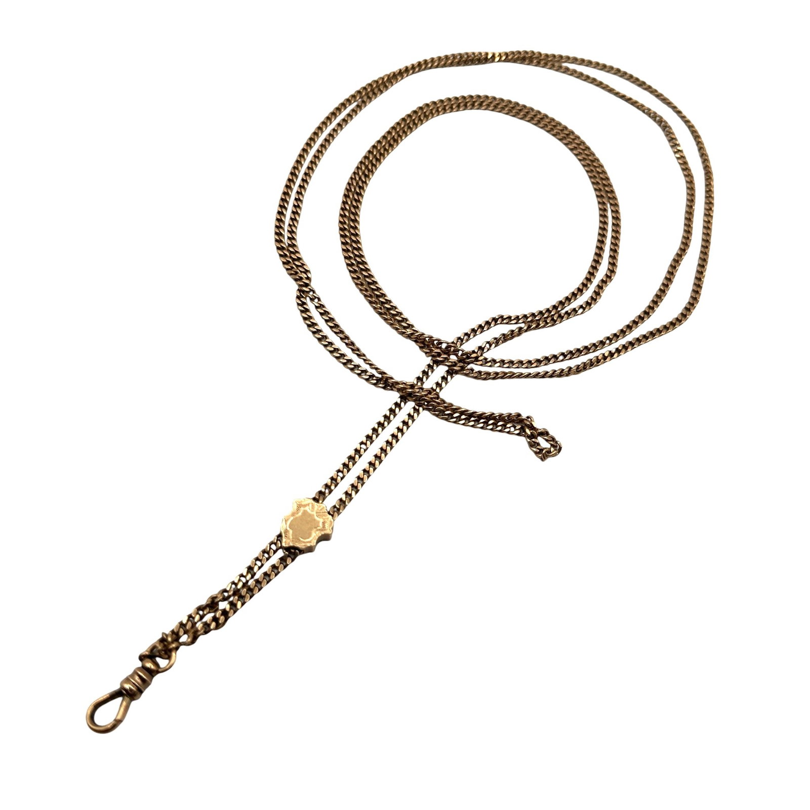 Solid 14K Gold Antique Fob Chain with Shield Slide Charm: Total weight 48 grams. Measures 30" long. Marked "14K BB&Co 1907". Please review photos for more details as they are a part of the description. Item is being sold as found from an estate collection an