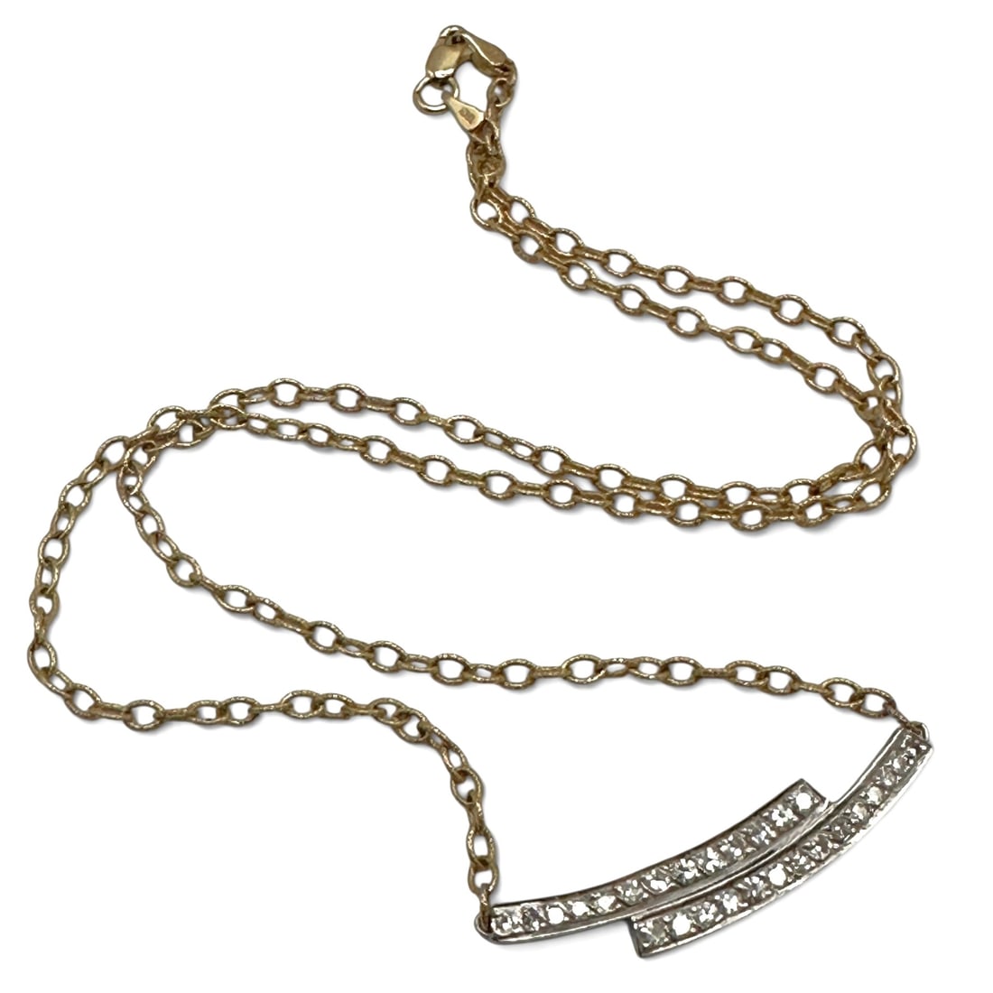 14K Gold Dual-Row Curved Diamond Bar Necklace: Genuine diamond necklace measures approximately 16" in length from end to end. Curved bars measure 1 1/2" wide. Total weight is 4.2 grams. Please review photos for more details as they are a part of