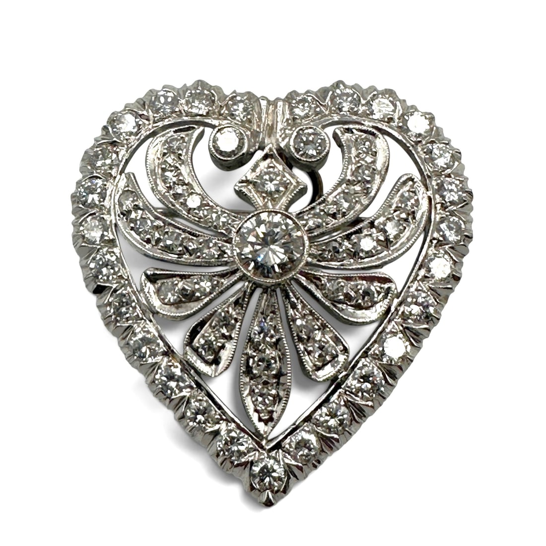 Stunning 14K White Gold and Genuine Diamond Heart Brooch Pendant 3.2 tcw (1 of 10)
