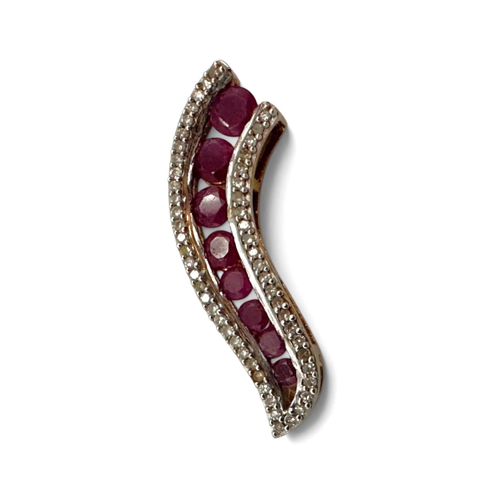 14K Gold Ruby and Diamond Pendant: Measures 1 1/8" long. Please review photos for more details as they are a part of the description. Item is being sold as found from an estate collection and may show signs of age, use, wear,