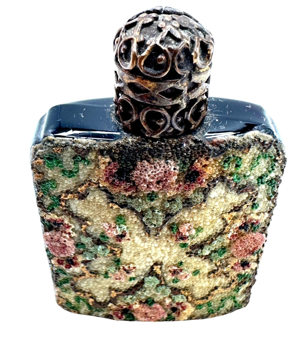 Austrian Cobalt Blue and Tiny Bead Embellished Perfume Bottle: Please review photos for more details as they are a part of the description. Item is being sold as found from an estate collection and may show signs of age, use, wear, imperfections, or surface