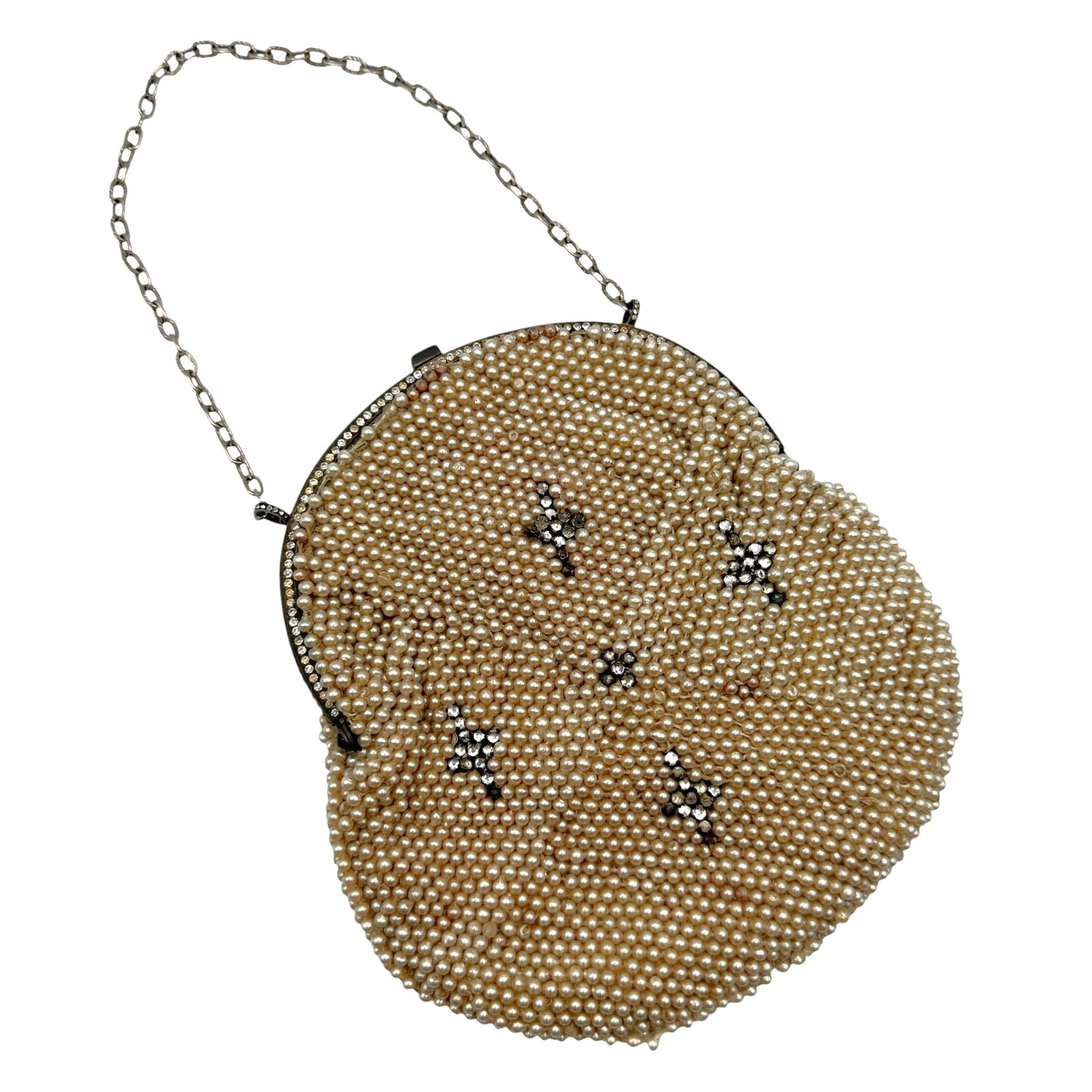 Antique Beaded Evening Bag with Sterling Silver Frame: Some bead loss noted. Please review photos for more details as they are a part of the description. Item is being sold as found from an estate collection and may show signs of age, use, wear, imperfect