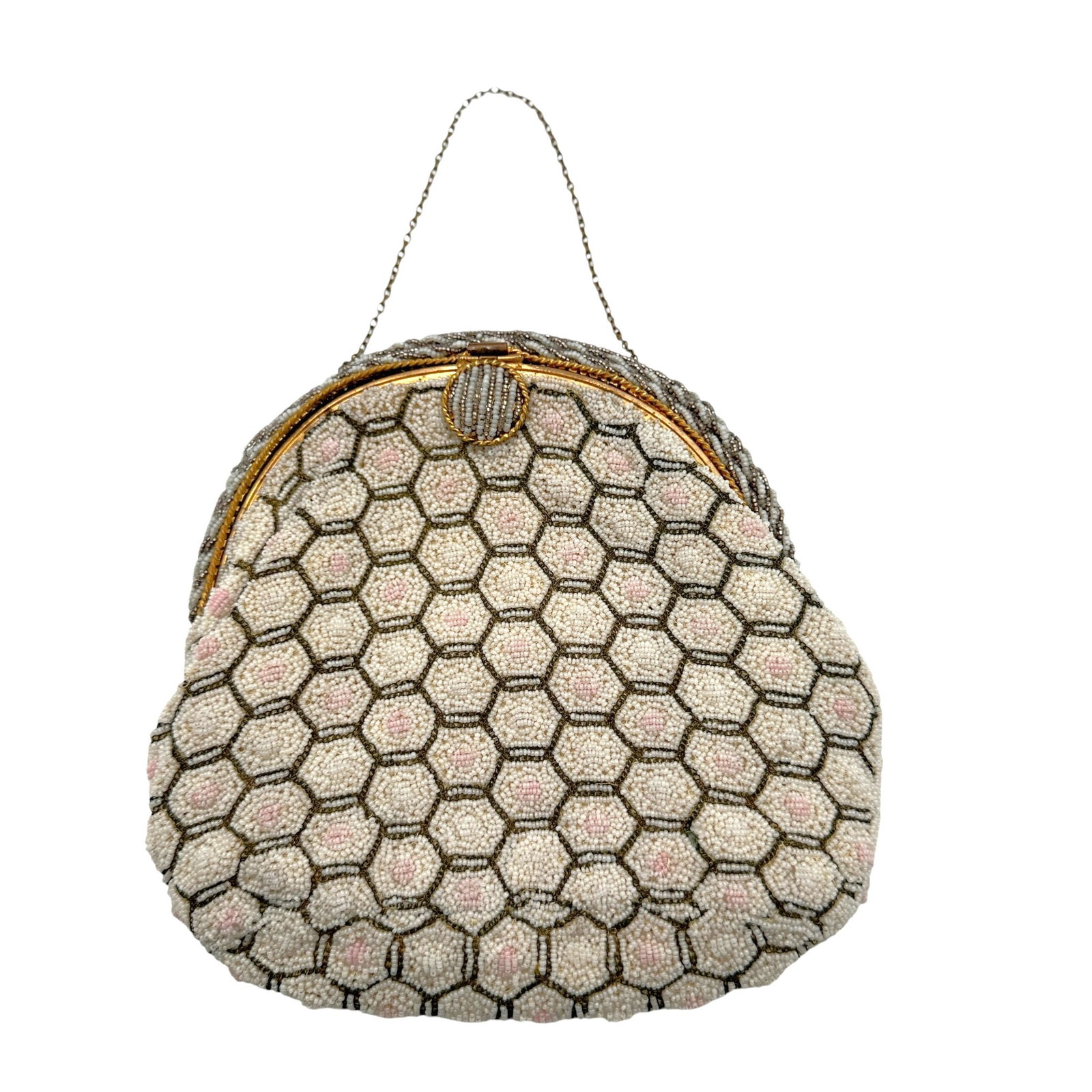 Vintage Honeycomb Beaded Evening Bag with Satin Lining: Please review photos for more details as they are a part of the description. Item is being sold as found from an estate collection and may show signs of age, use, wear, imperfections, or surface varia