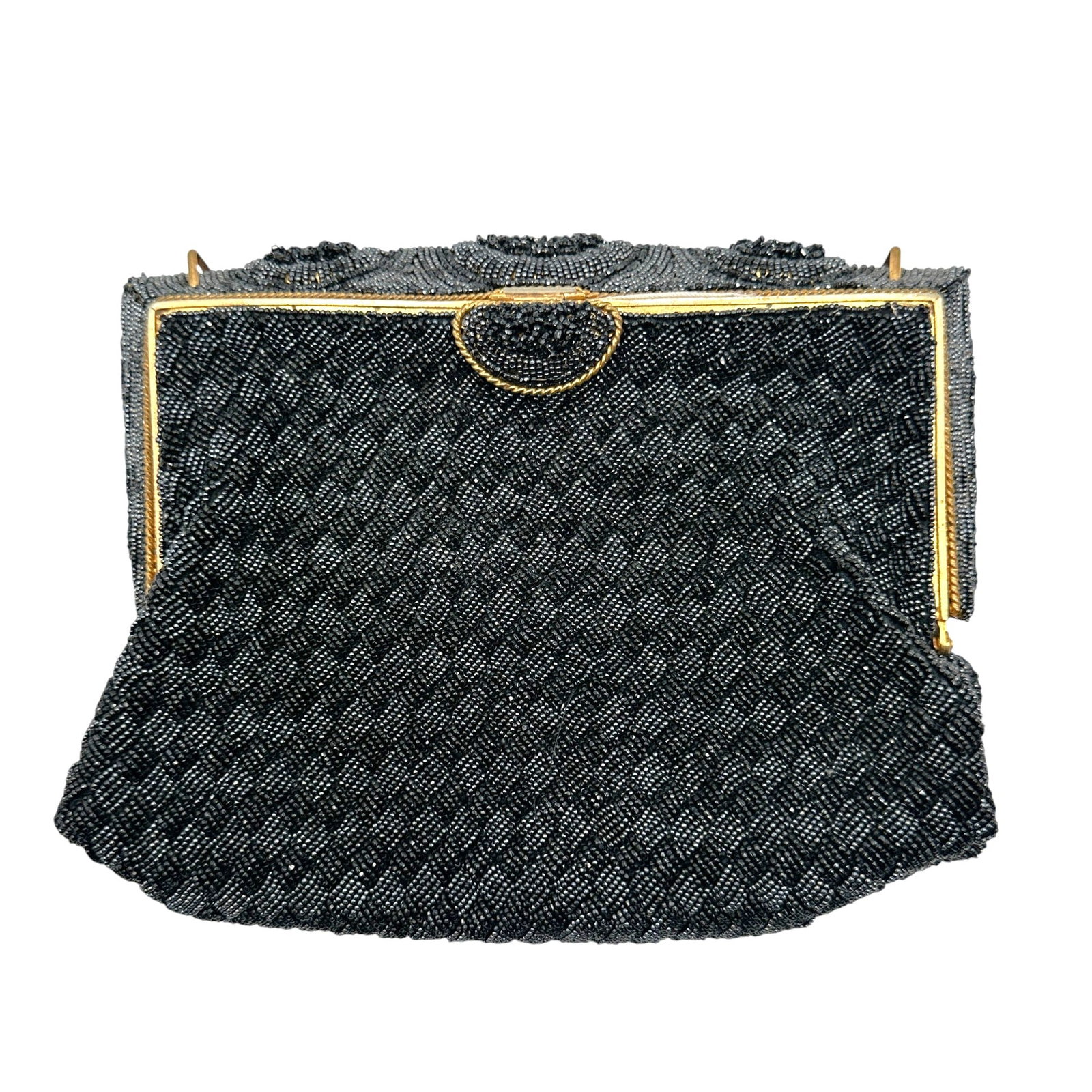 Vintage Made in France Black Beaded Bag with Satin Lining: Please review photos for more details as they are a part of the description. Item is being sold as found from an estate collection and may show signs of age, use, wear, imperfections, or surface