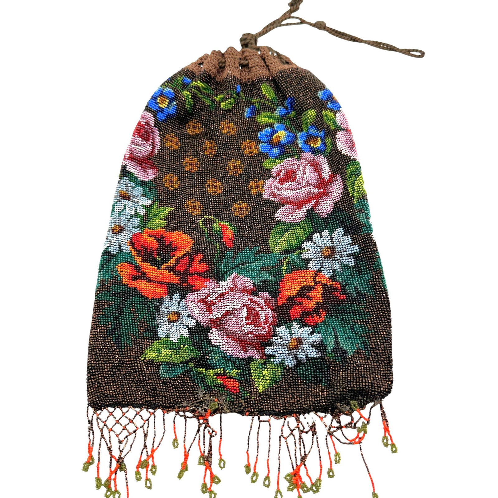 Antique Drawstring Floral Beaded Bag with Fringe (1 of 11)