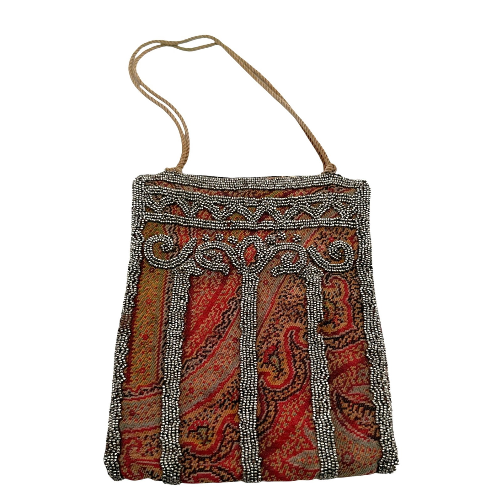 Antique Paisley Fabric and Metallic Beaded Purse (1 of 8)