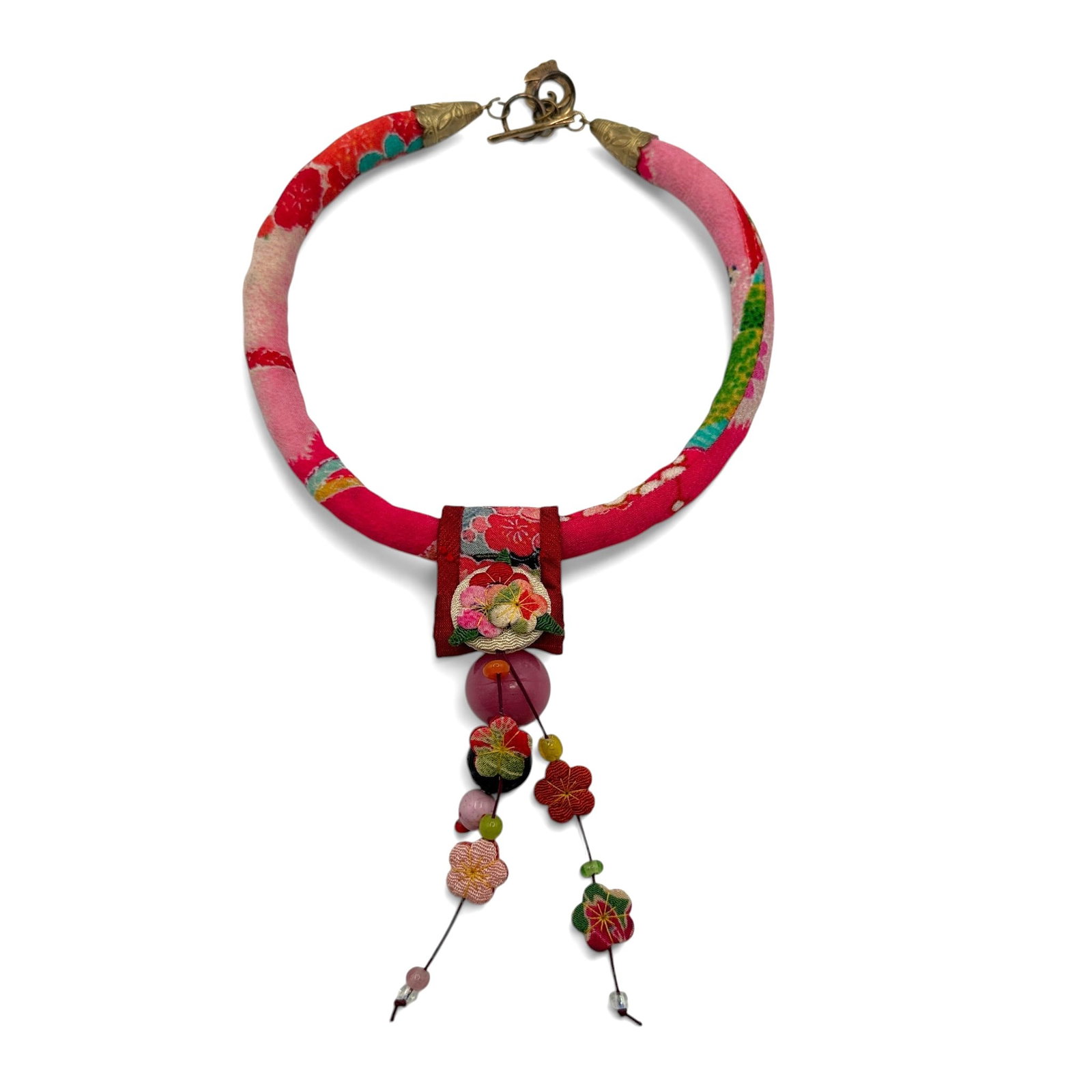 Gretchen Schields Chinese Cherry Blossom Beaded Necklace: Necklace measures 18" from end to end. Pendant drops 5". Please review photos for more details as they are a part of the description. Item is being sold as found from an estate collection and may show