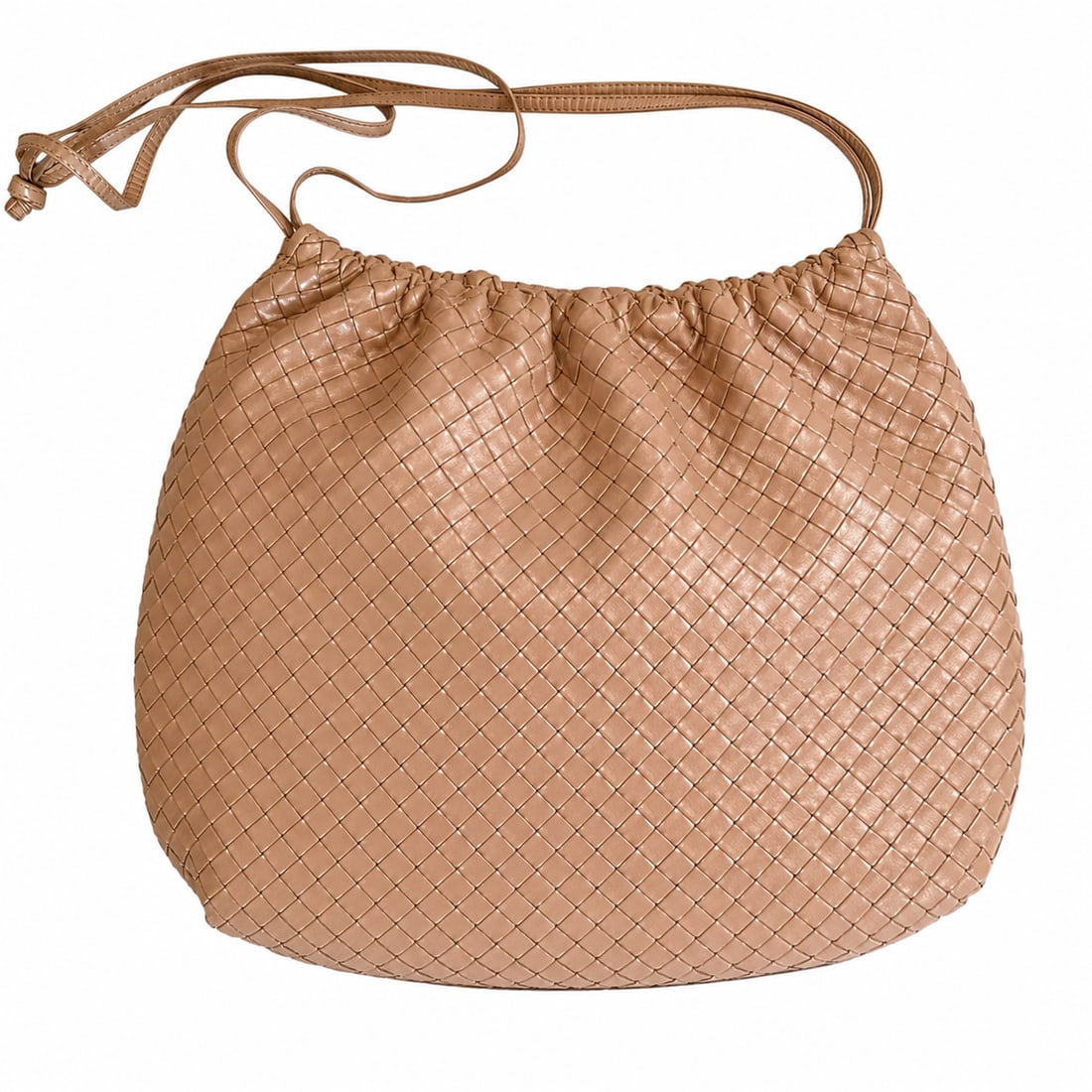 1980s Bottega Veneta Taupe Intrecciato Leather Drawstring Shoulder Bag: Measures 14"H x 13 1/2"W. Strap Drops 14"-17". Please review photos for more details as they are a part of the description. Item is being sold as found from an estate collection and may show signs of