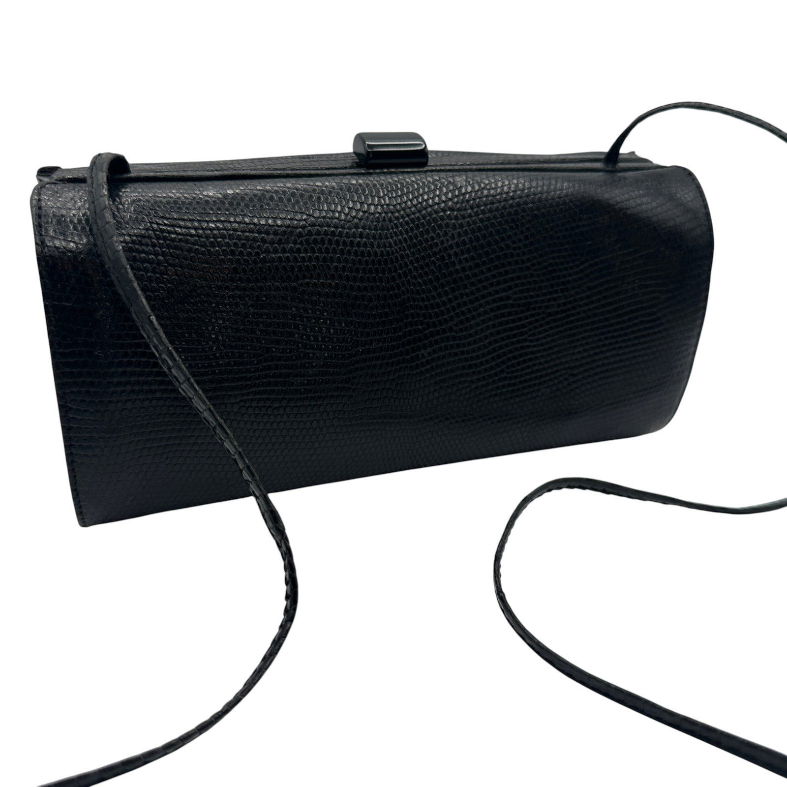 Vintage Bottega Veneta Black Lizard Clutch with Strap: Measures 3 1/2"H x 8 1/2"W x 3"D. Please review photos for more details as they are a part of the description. Item is being sold as found from an estate collection and may show signs of age, use, wea