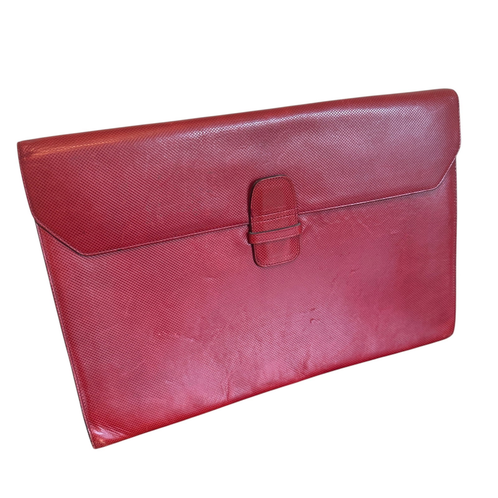 Bottega Veneta Vintage Red Leather Portfolio with Suede Lining: Shows wear and some small indentations. Measures 10 1/2"H x 15 1/2"W. Please review photos for more details as they are a part of the description. Item is being sold as found from an estate collection