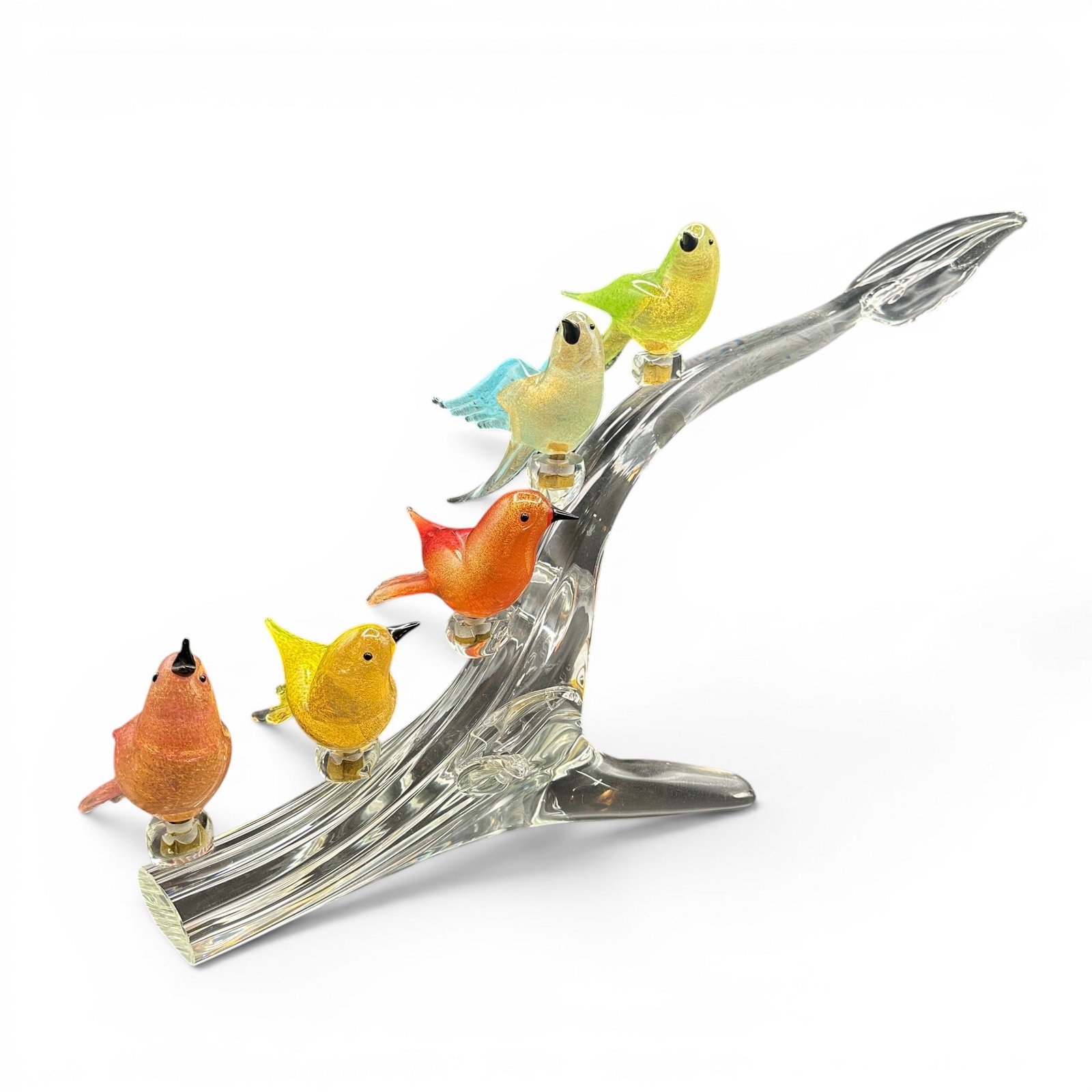 Vintage Murano Art Glass Birds on a Branch Sculpture: Branch measures 23 1/2" long x 11 1/2" tall. Birds are removable and can be rearranged. I see no chip, cracks, or repairs to the branch or the birds. There are some small fleabite chips to the glass
