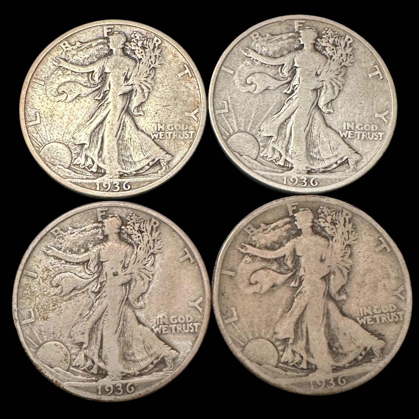 Two 1936 S, and Two 1936 D Walking Liberty Half Dollars: Please review photos for more details as they are a part of the description. Item is being sold as found from an estate collection and may show signs of age, use, wear, imperfections, or surface