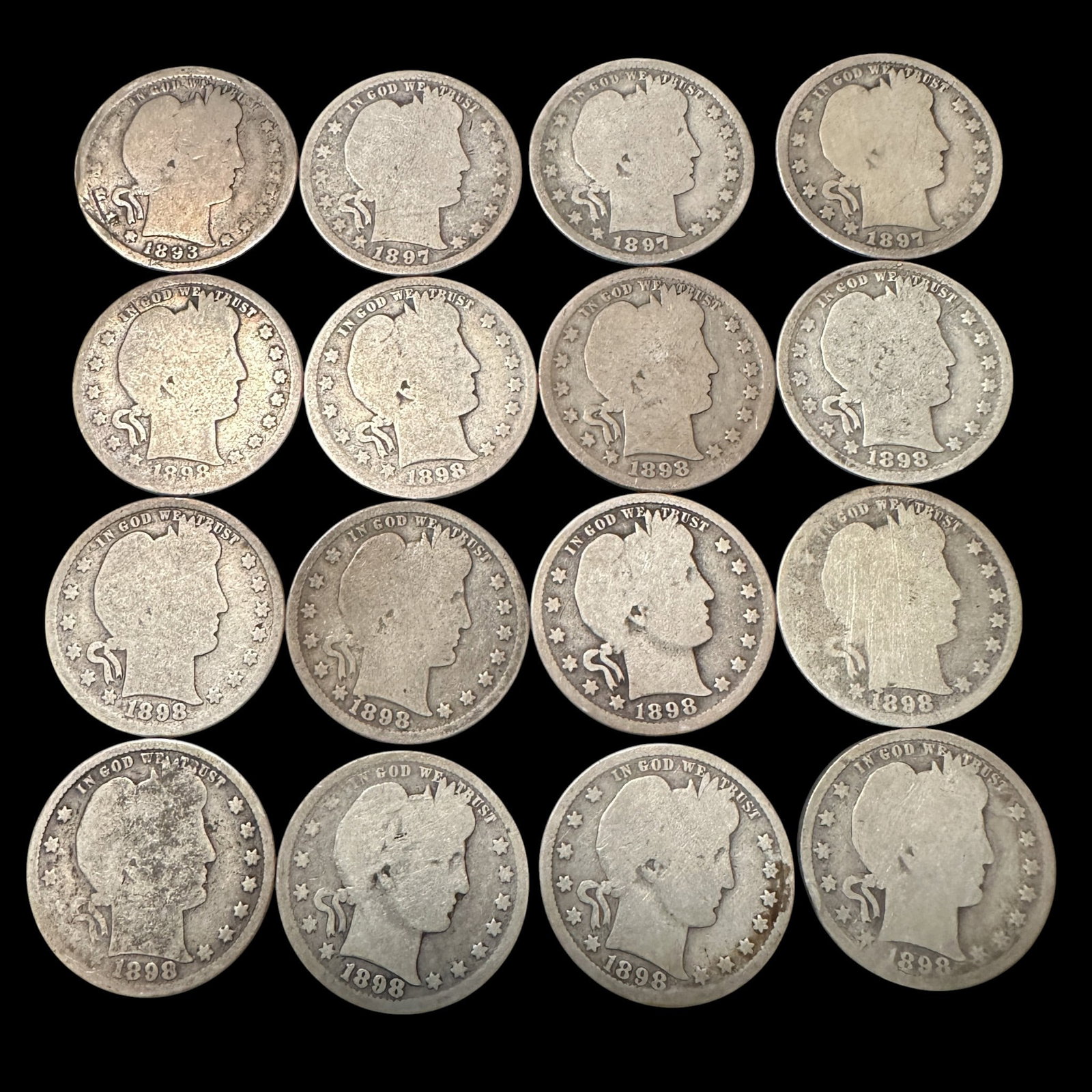 Lot of 16 Barber Quarters, 1893, 1897, and 1989: Please review photos for more details as they are a part of the description. Item is being sold as found from an estate collection and may show signs of age, use, wear, imperfections, or surface varia