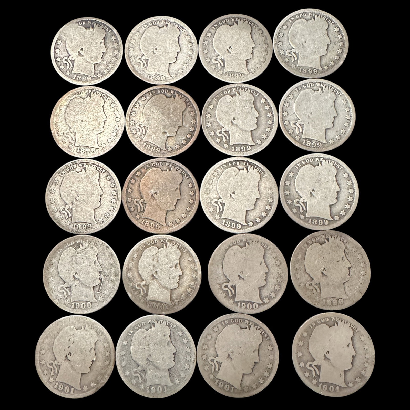 Lot of 20 Barber Quarter Dollars - 1899 to 1901, and 1904: Please review photos for more details as they are a part of the description. Item is being sold as found from an estate collection and may show signs of age, use, wear, imperfections, or surface varia