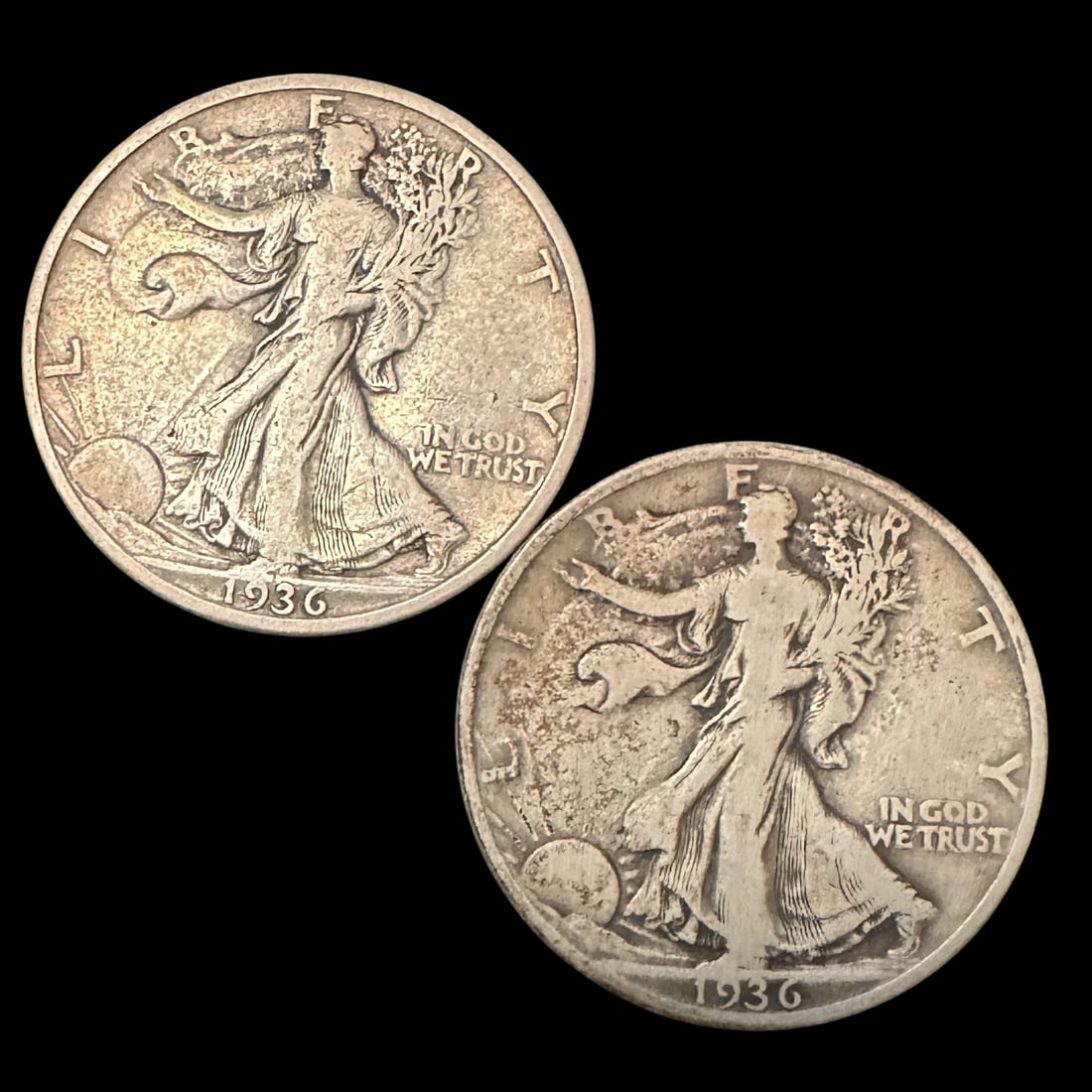 Two 1936 Walking Liberty Half Dollars: Please review photos for more details as they are a part of the description. Item is being sold as found from an estate collection and may show signs of age, use, wear, imperfections, or surface